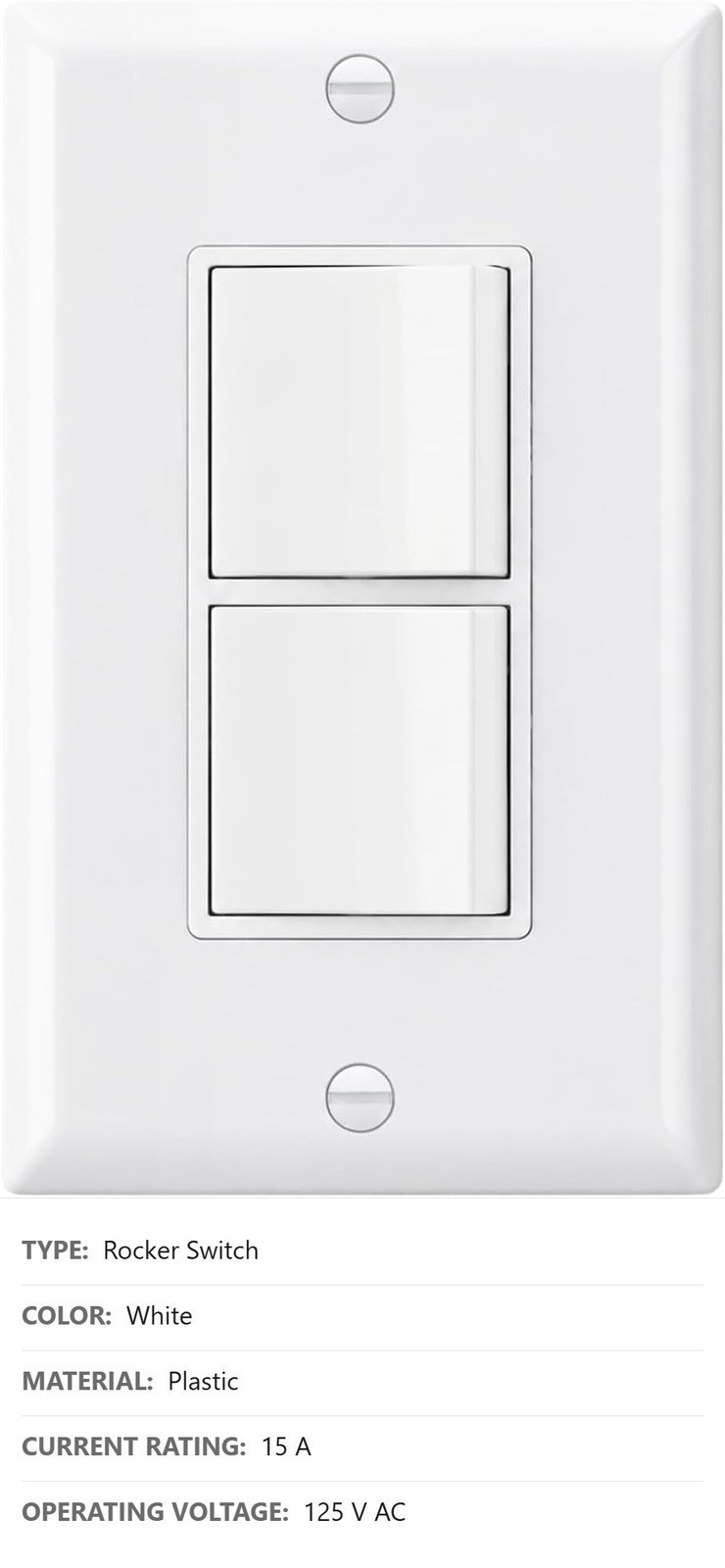 Duplex Rocker Switch with Wall Plate, 15A 125V, White, 2-Way, Screw Terminal