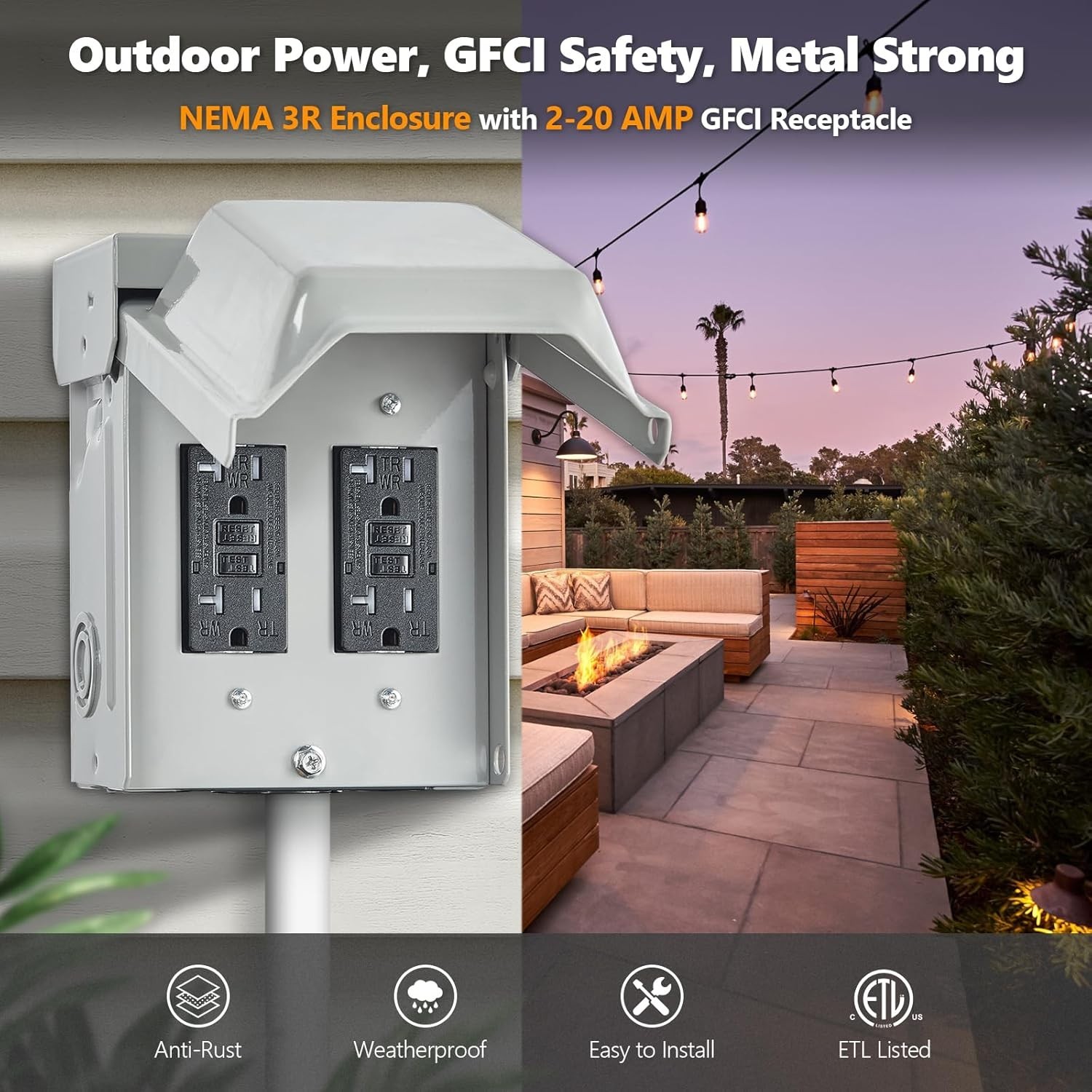 Outdoor Electrical Outlet Box, Dual 20 AMP WRTR GFCI Receptacles, Rainproof 3R E