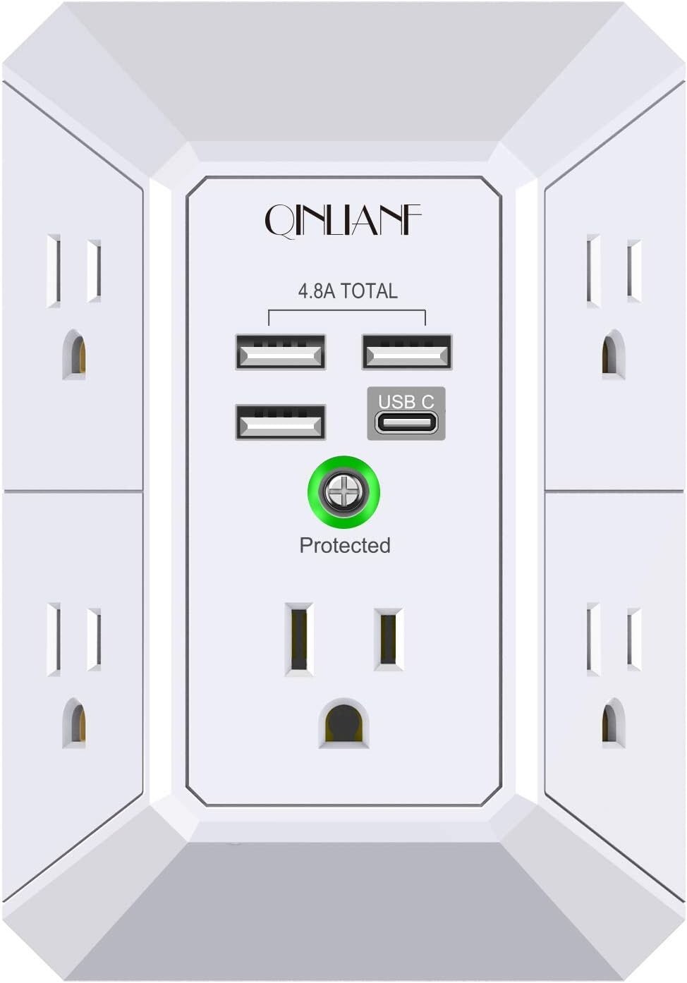 5 Outlet Extender Surge Protector Multi Plug Wall Adapter USB Charger Ports with