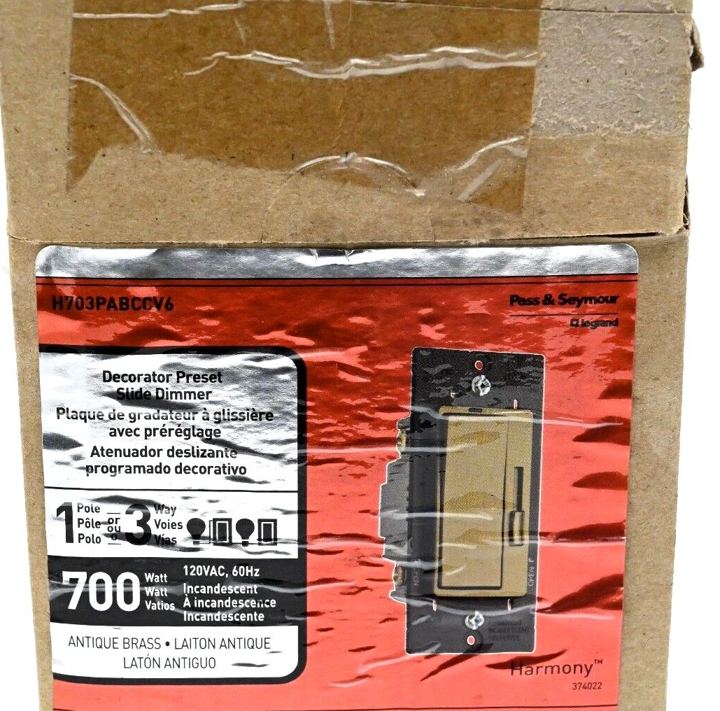 1 ONE 700 W Preset Slide Brass Dimmer Single Pole 3way Pass & Seymour D1103PBKV