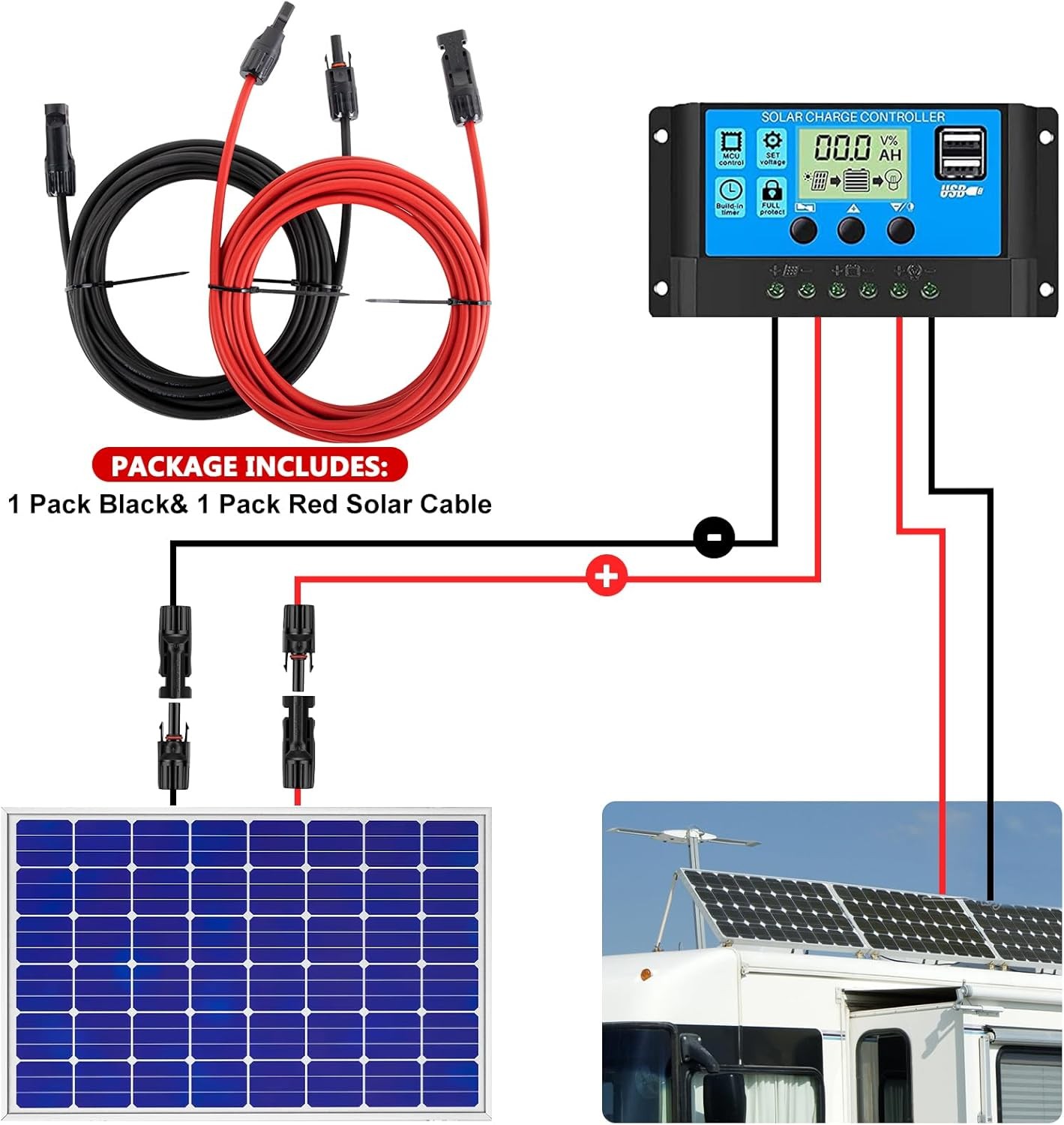 1Pair of Solar Extension Cable with Connectors Solar Panel Adaptor 10AWG 10/20ft