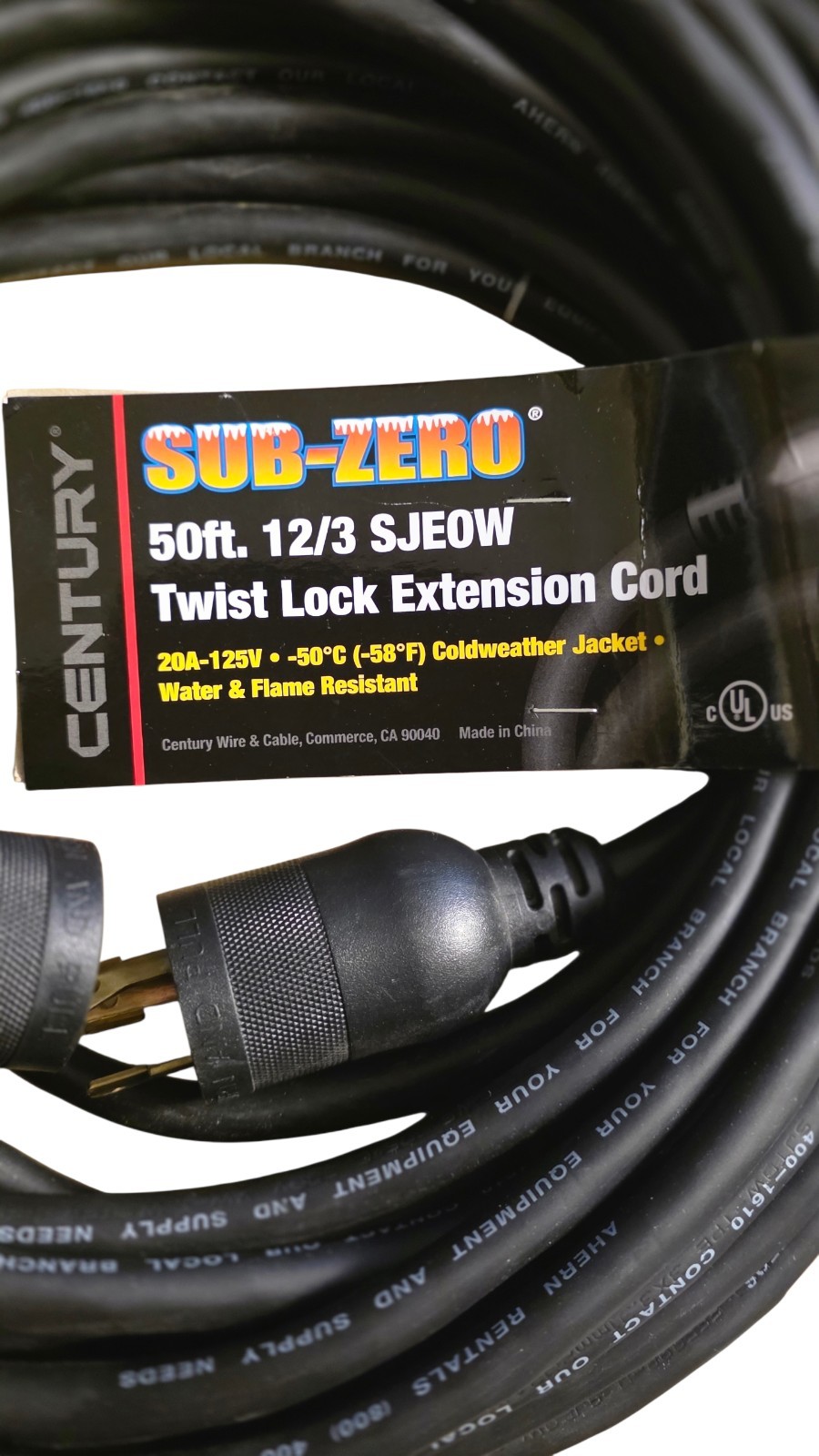 Sub Zero 50 ft. 12/3 SJE0W Twist lock Extension Cord NEMA L14-30P to L14-30R