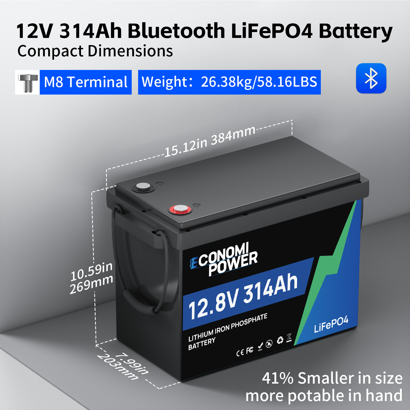12V 300Ah 314Ah LiFePO4 Deep Cyle Battery Bluetooth 200A BMS for Solar RV Marine