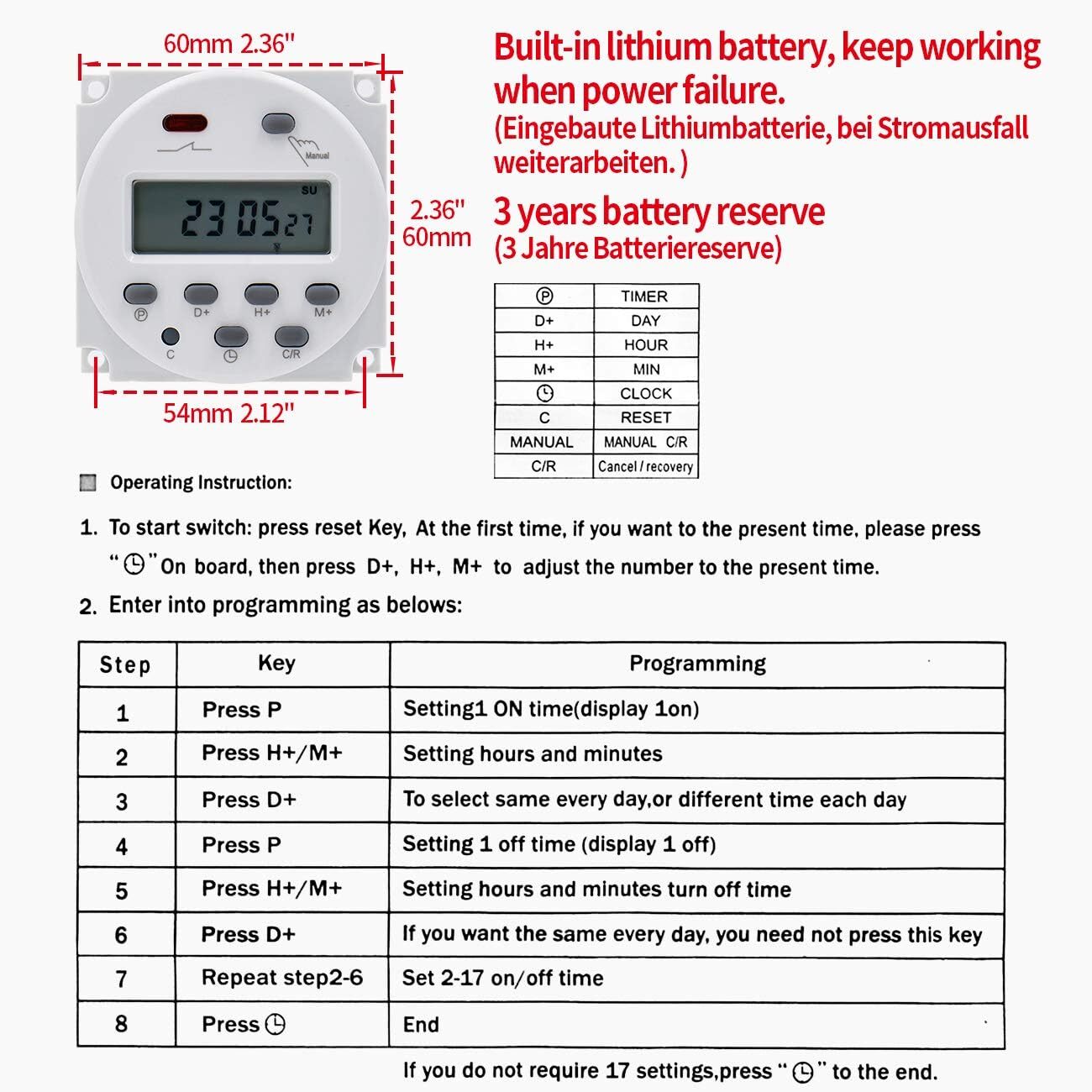 Digital LCD Power Weekly Programmable Timer Relay Switch CN101A DC12V 16Amp SPST