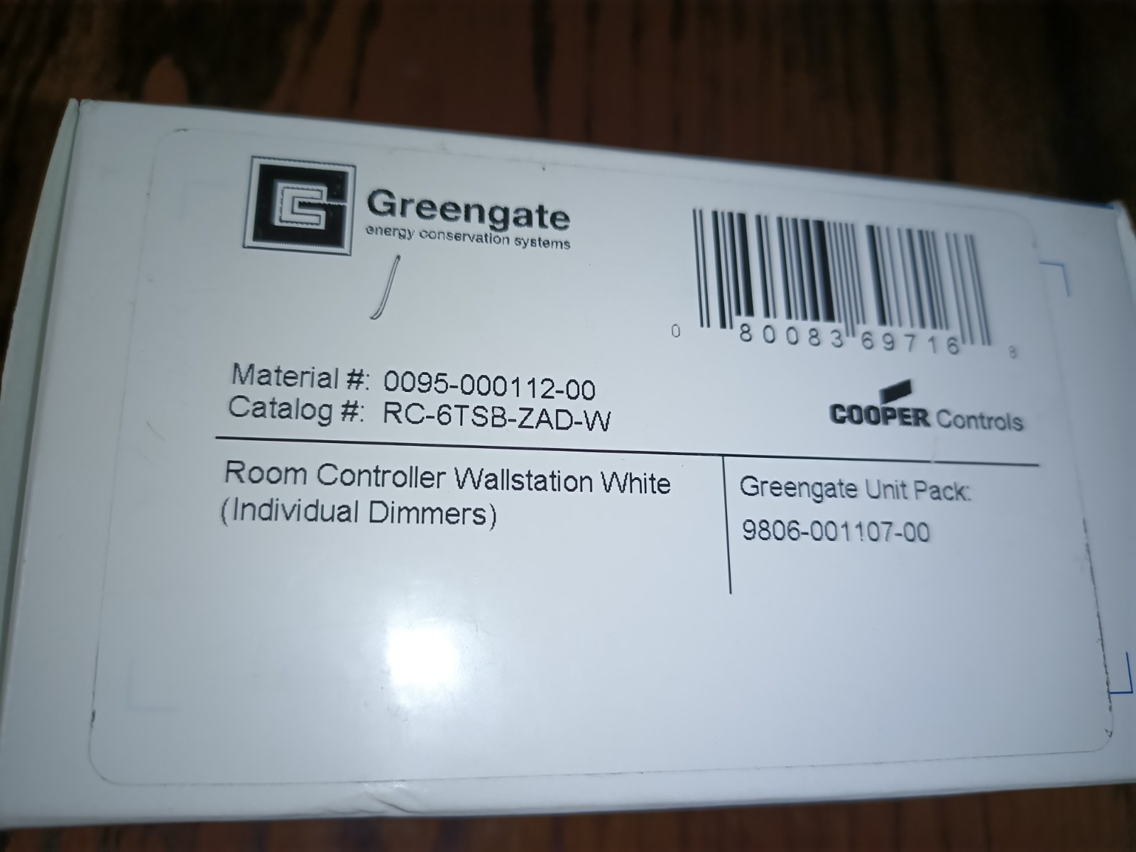 COOPER GREENGATE RC-6TSB-ZAD-W RC SYSTEM, ROOM CONTROLLER, WALSTATION SWITCH