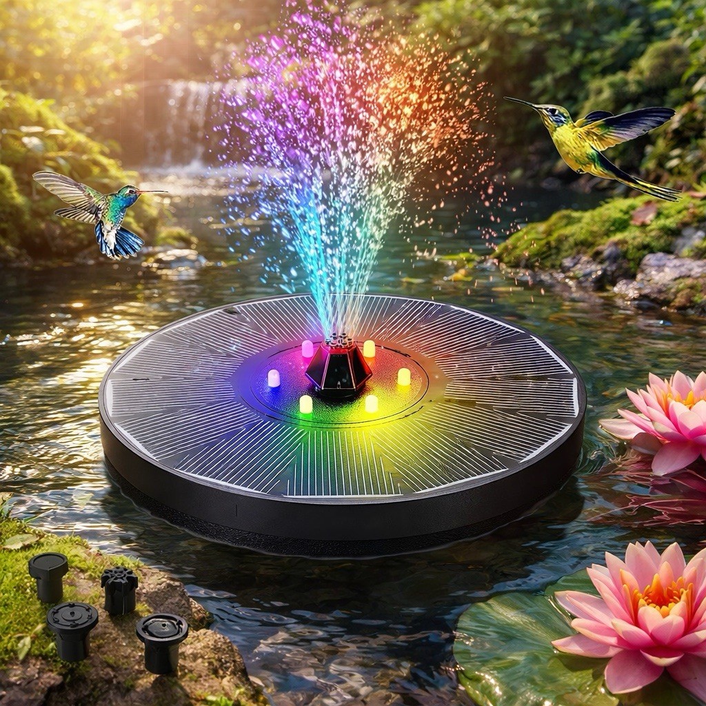 Solar Powered LED Fountain Pump, Rechargeable Battery, 8 Nozzles, 16cm