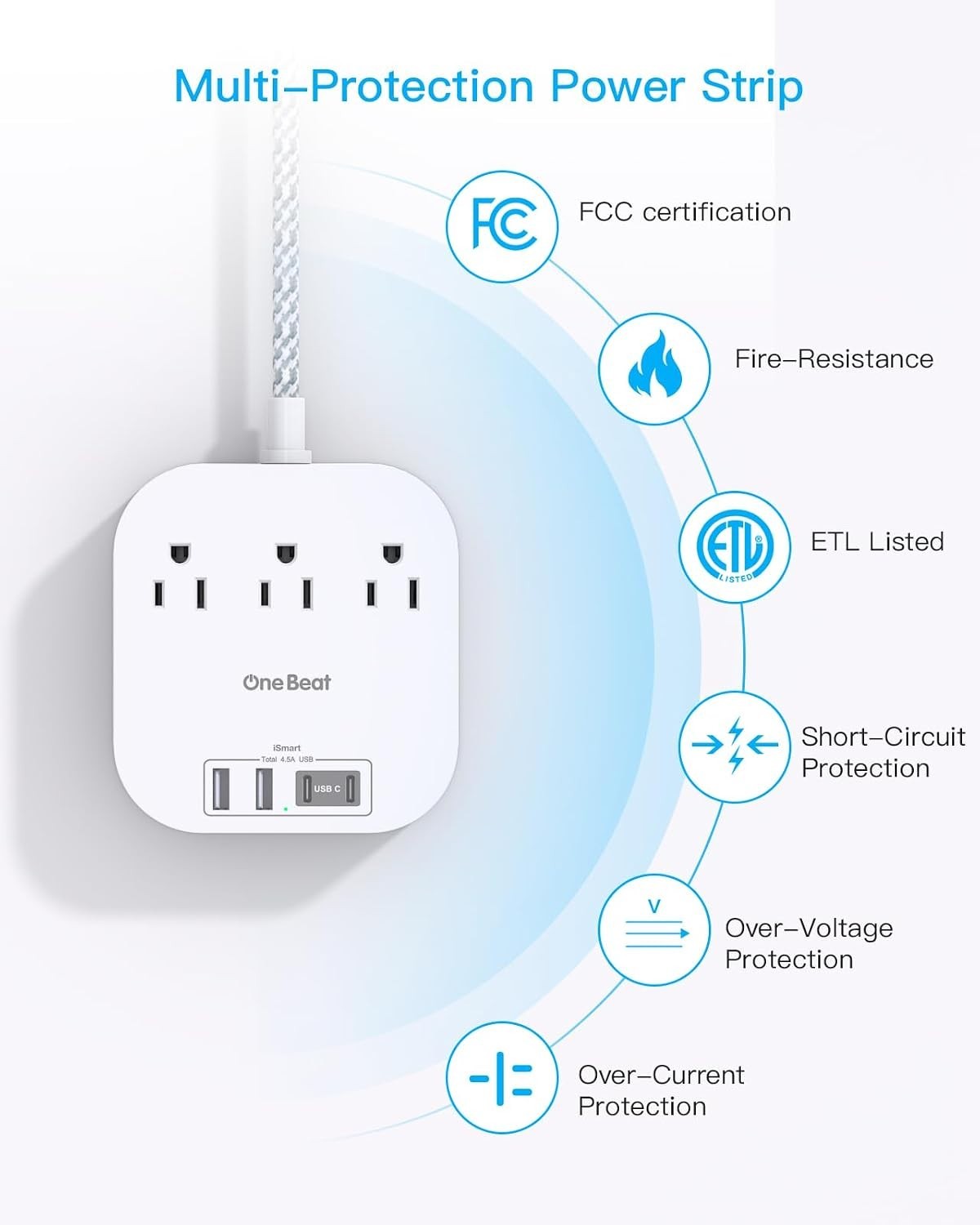 Compact USB Charging Station: 3 AC Outlets & 4 USB Ports, 22.5W Power