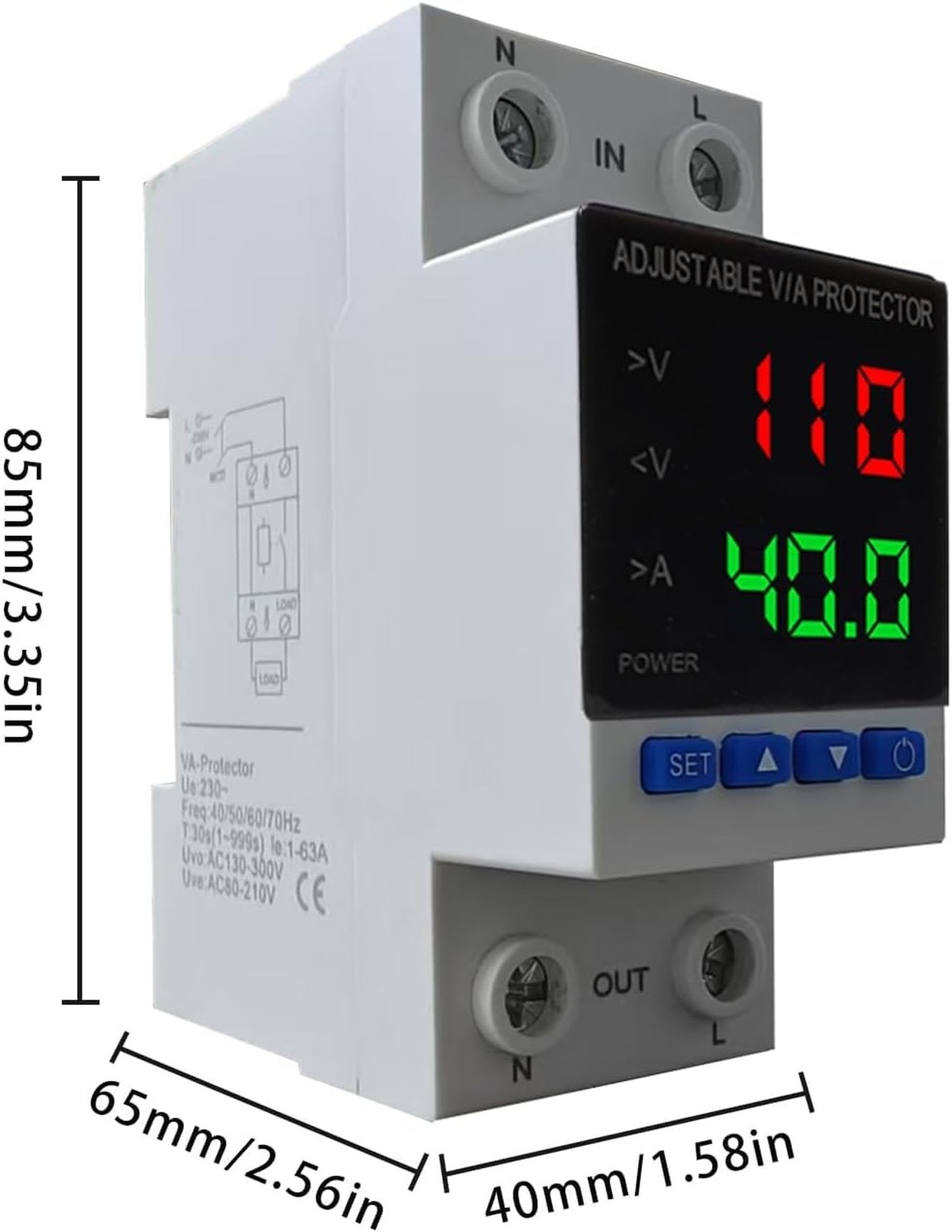 Smart Voltage Protector, 1-40A Adjustable 110V/220V DIN Rail Mount Circuit Br…