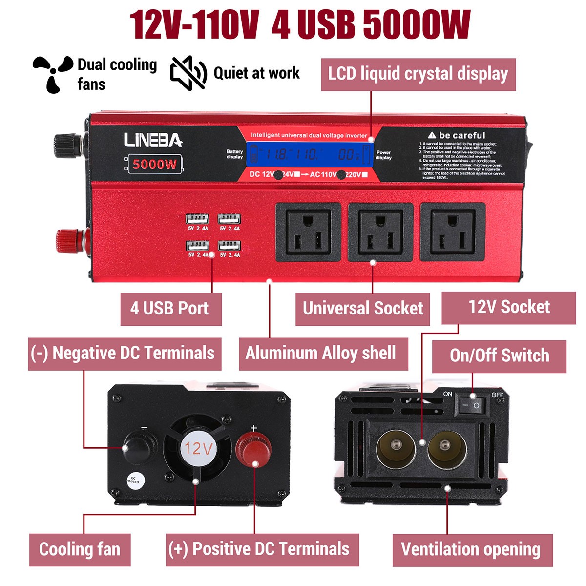 1500W 2500W 5000W Power Inverter 12V To 110V 120V Converter For Boat Car Camping