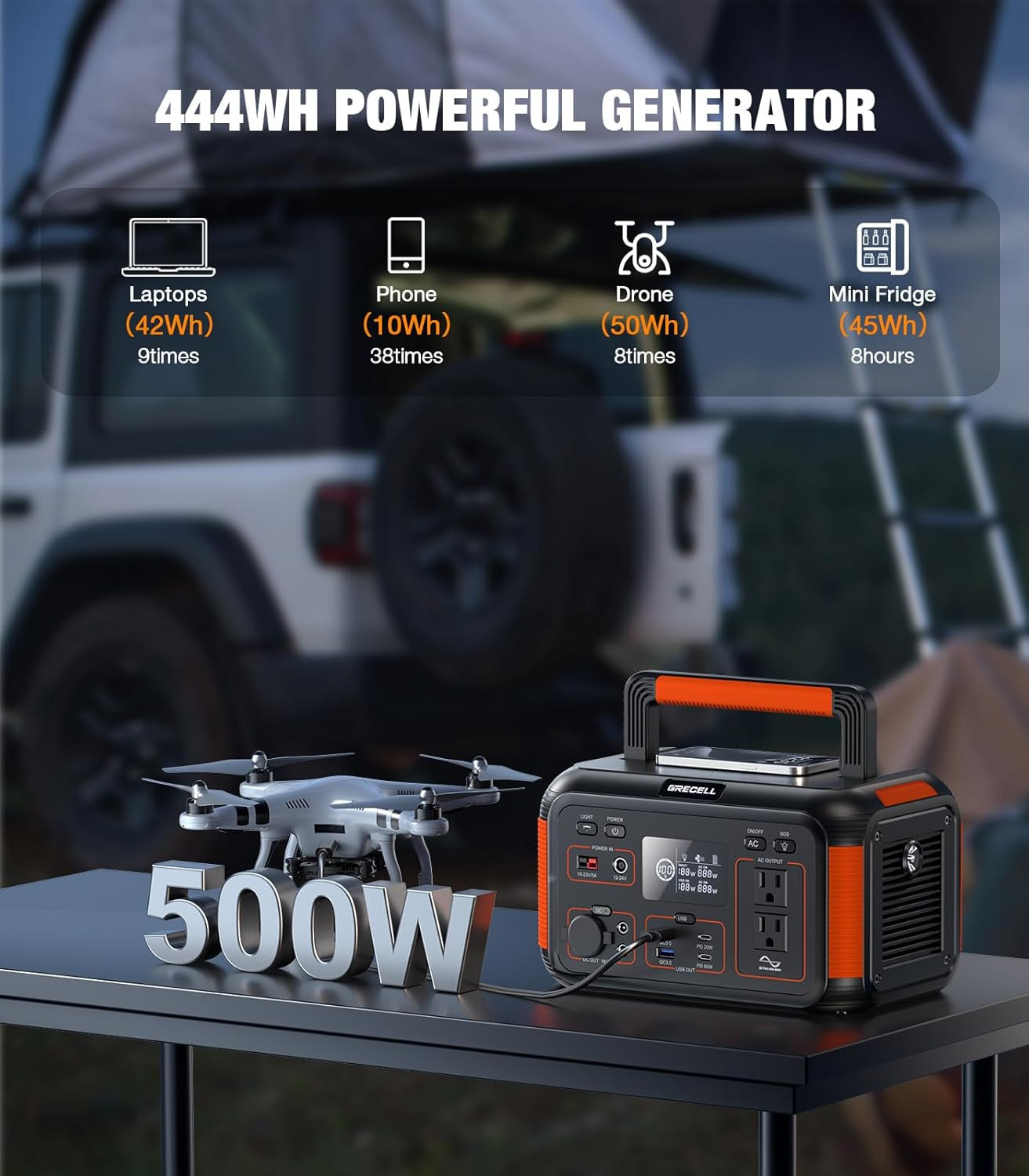 GRECELL 500W Portable Power Station 444Wh Solar Generator with 110V Pure Sine Wa