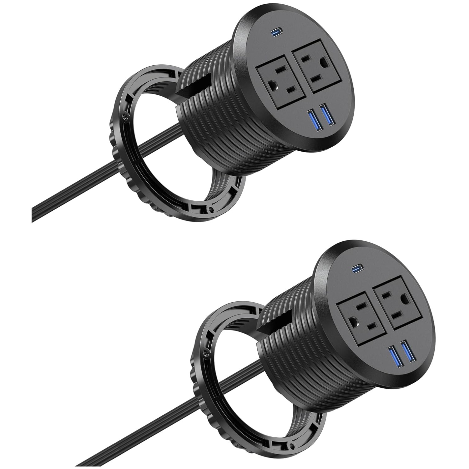 Stylish Flush Mount Desk Grommet with USB-C, Black (2-Pack)
