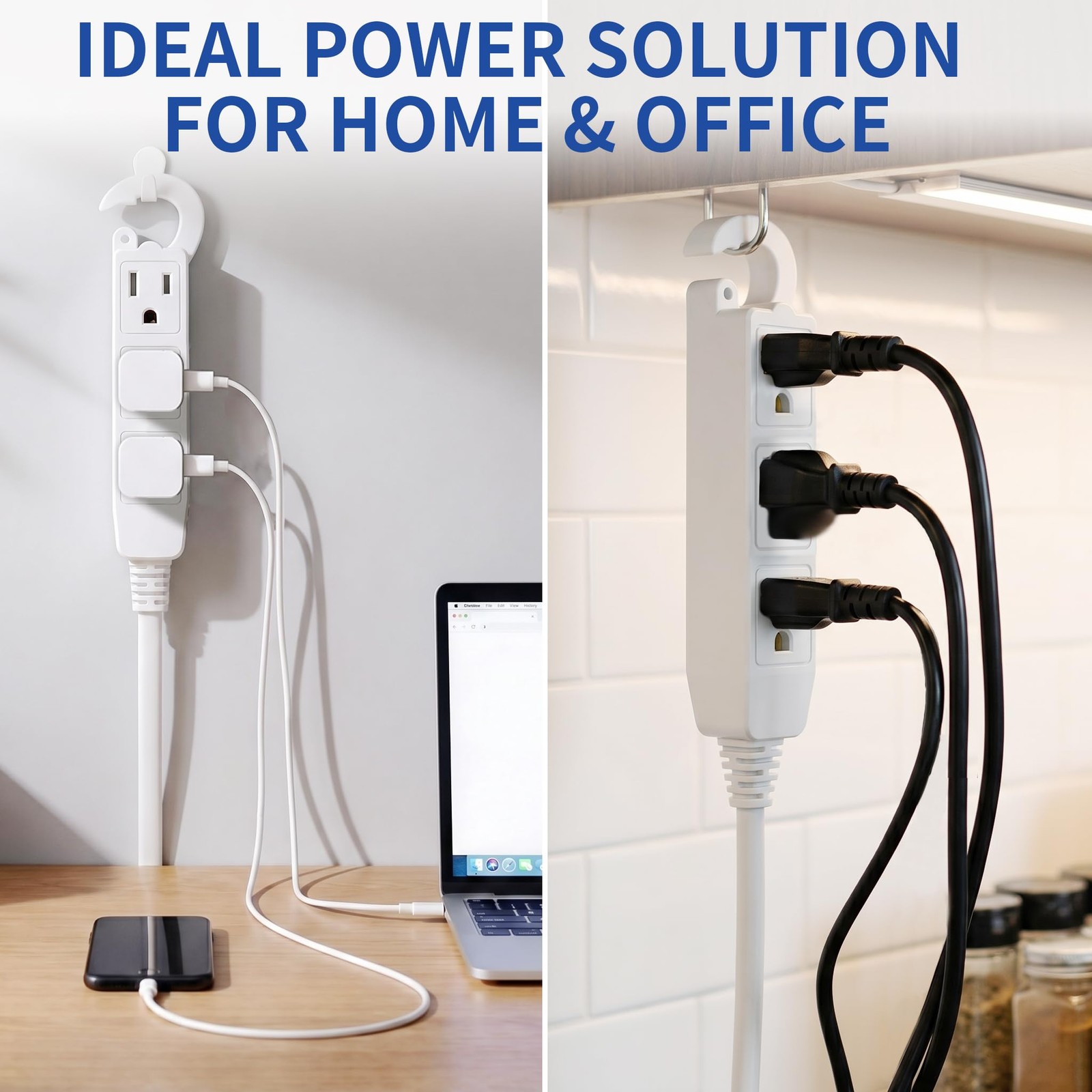 10 Ft 3 Outlet White Extension Cord, Grounded Extension Cord With Multiple
