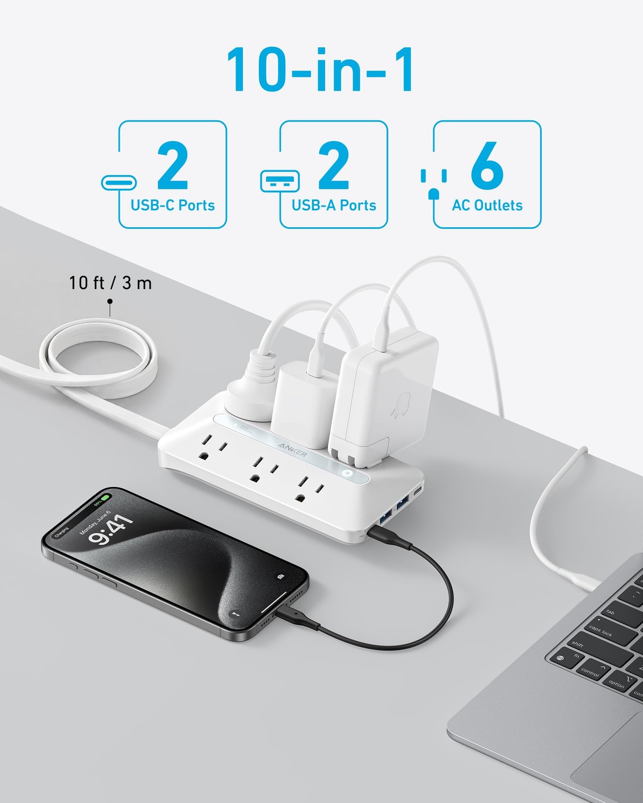 Anker Power Strip with 300J Surge Protector, Flat Plug Extension 10FT, White