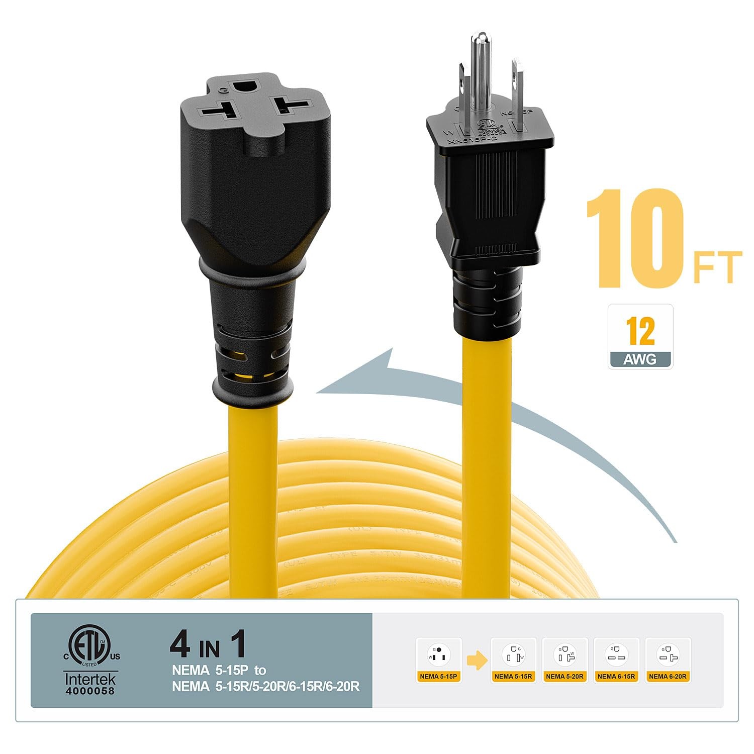 Plugrand NEMA 5-15P To 5-15R/ 5-20R/ 6-15R/ 6-20R AC Adapter, 10FT PC-0050-10FT