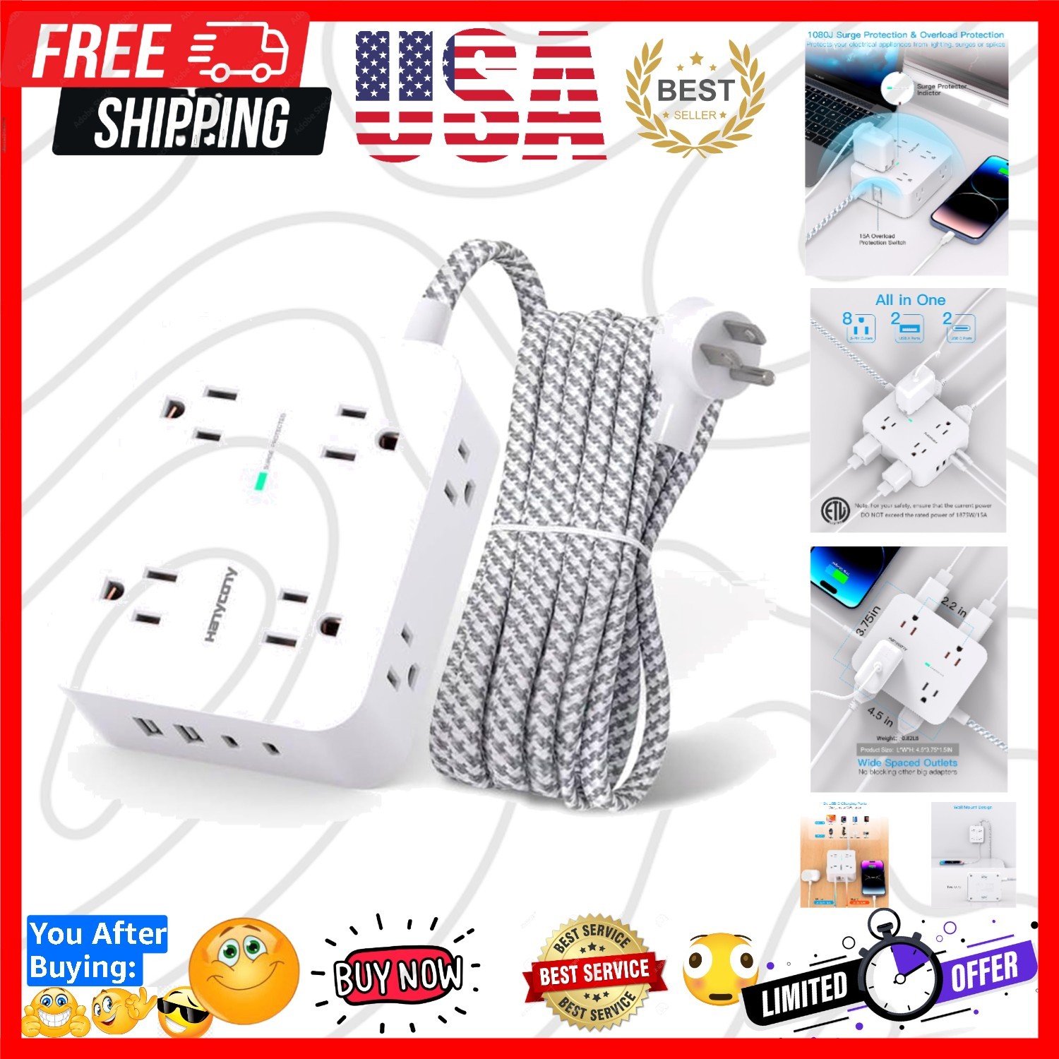 Surge Protector Power Strip, 1080J, 5 Ft Braided Extension Cord | 8 Outlets 4…