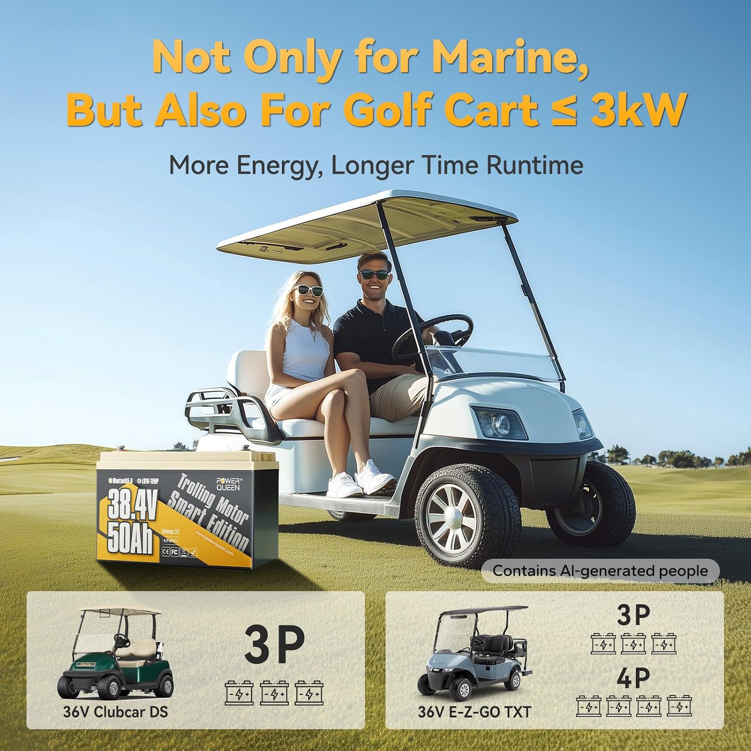 Power Queen 36V 50Ah Bluetooth LiFePO4 Battery Lithium for Marine Trolling Motor