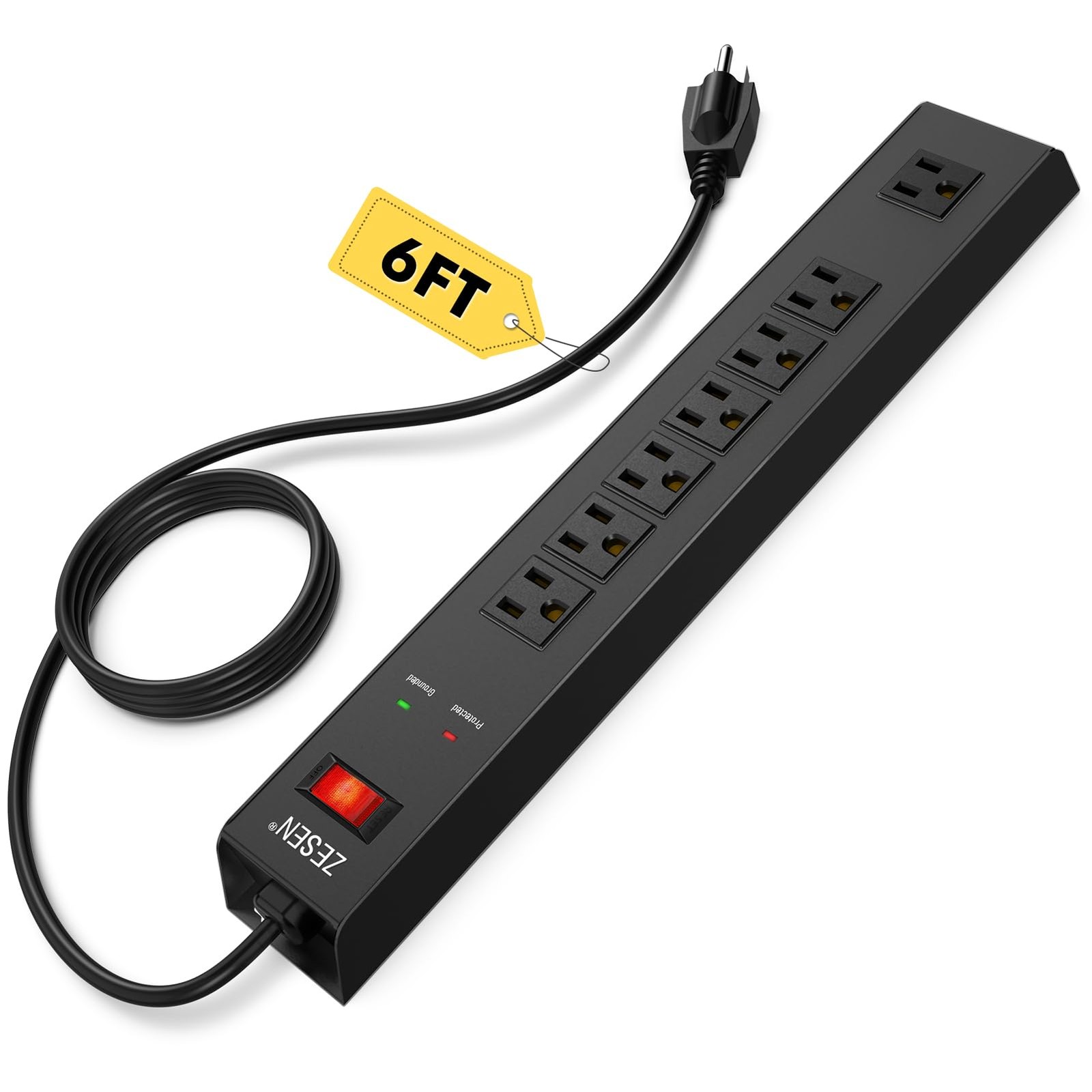Black 7 Outlet Metal Power Strip Overload Protection 6ft Cord Wall Mount 15A