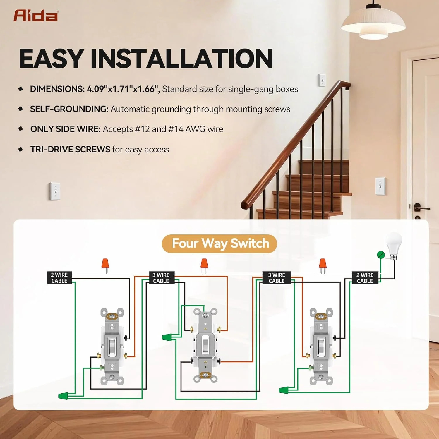 AIDA 4 Way, 15 Amp Toggle Light Switch, Grounding Screw, Residential Grade Elect