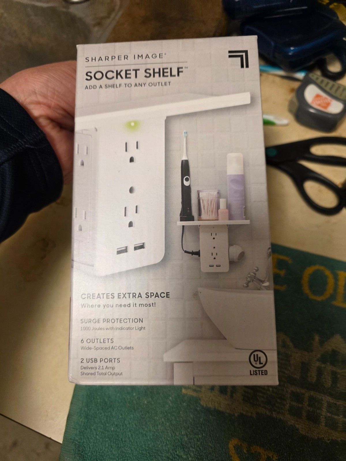 Sharper Image Surge Protection Socket Shelf 8in x 3.25in White
