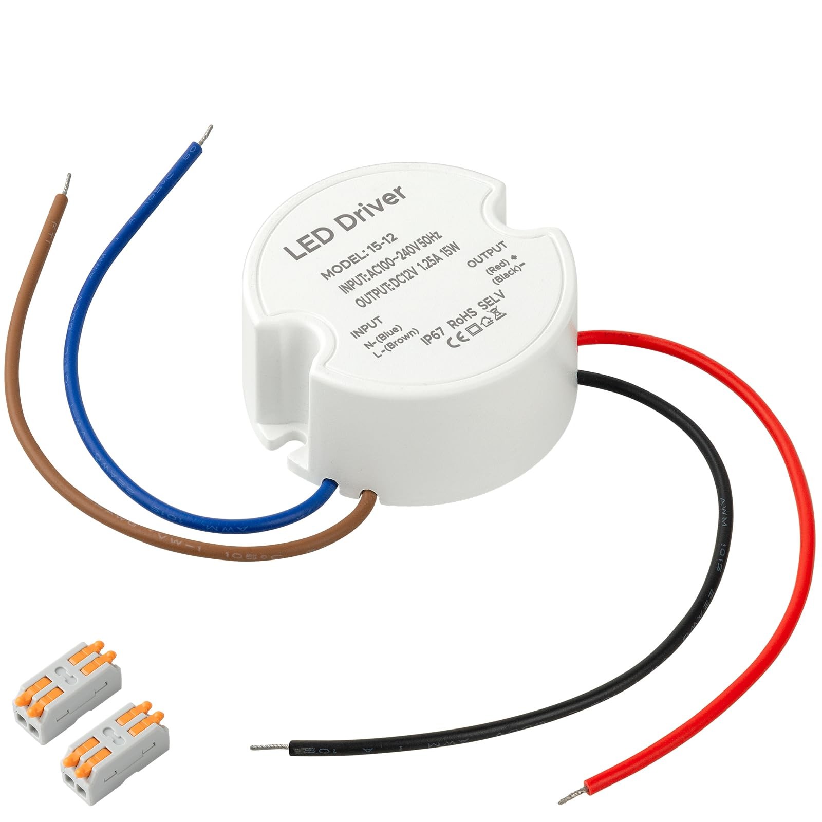 LED Driver 15 Watts Waterproof IP67, Power Supply 12V 1.25A, Round LED…