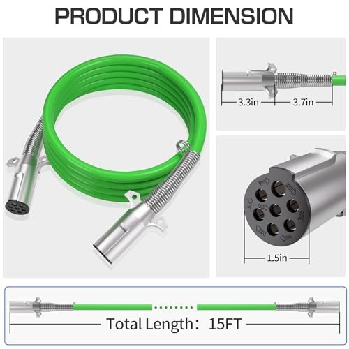 15 FT 7 Way Straight Trailer Cord ABS Electrical Power Cable, SAE J560 Plug