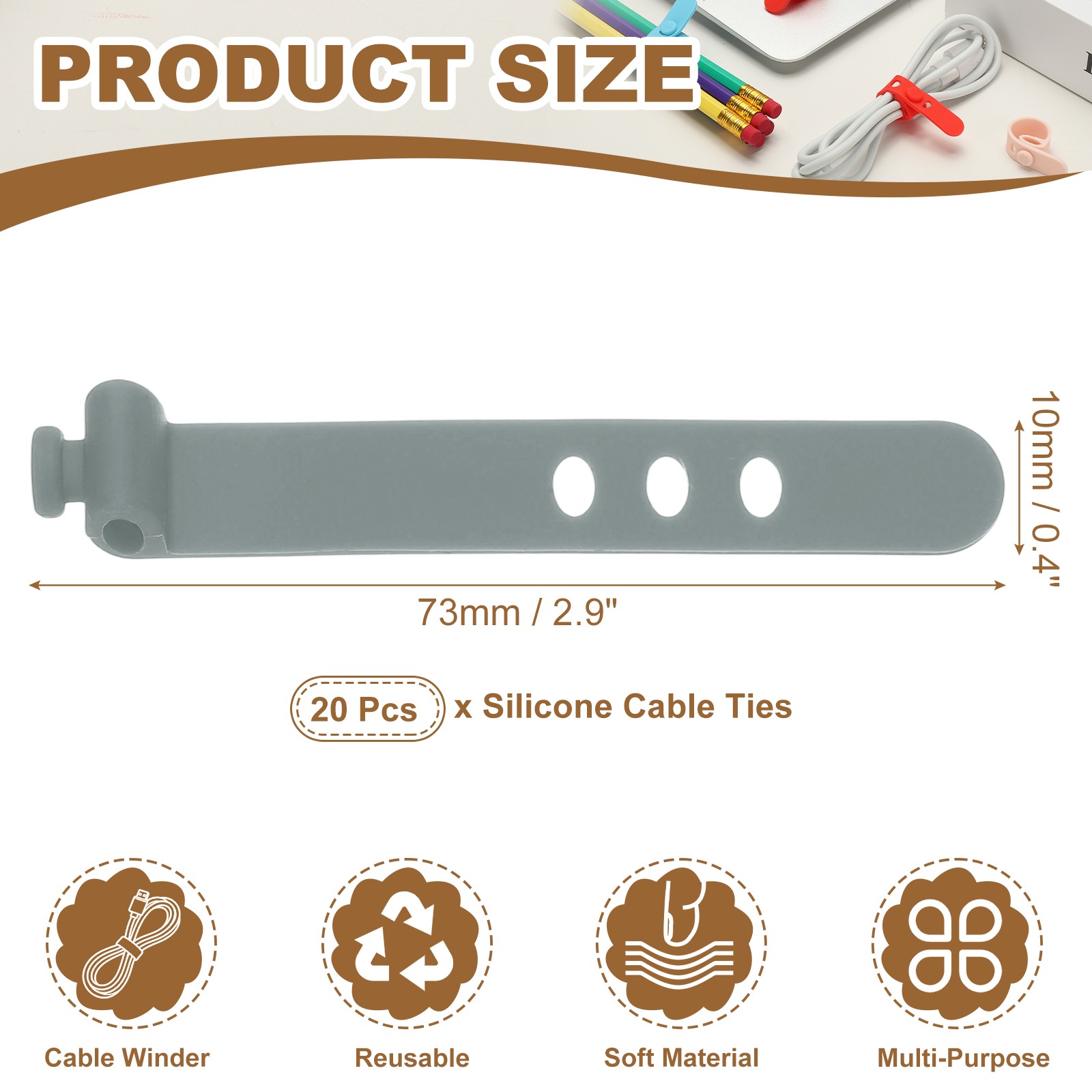 20Pcs Silicone Cable Ties Reusable Silicone Cord Ties Dark Gray