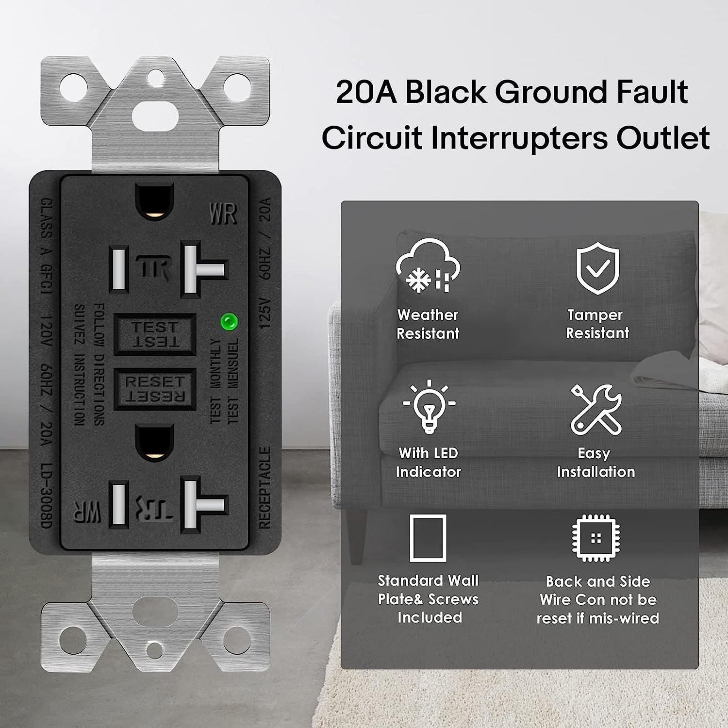 4Pack 20A GFCI Outlet Black Tamper Weather Resistant Receptacle with Wall Plates