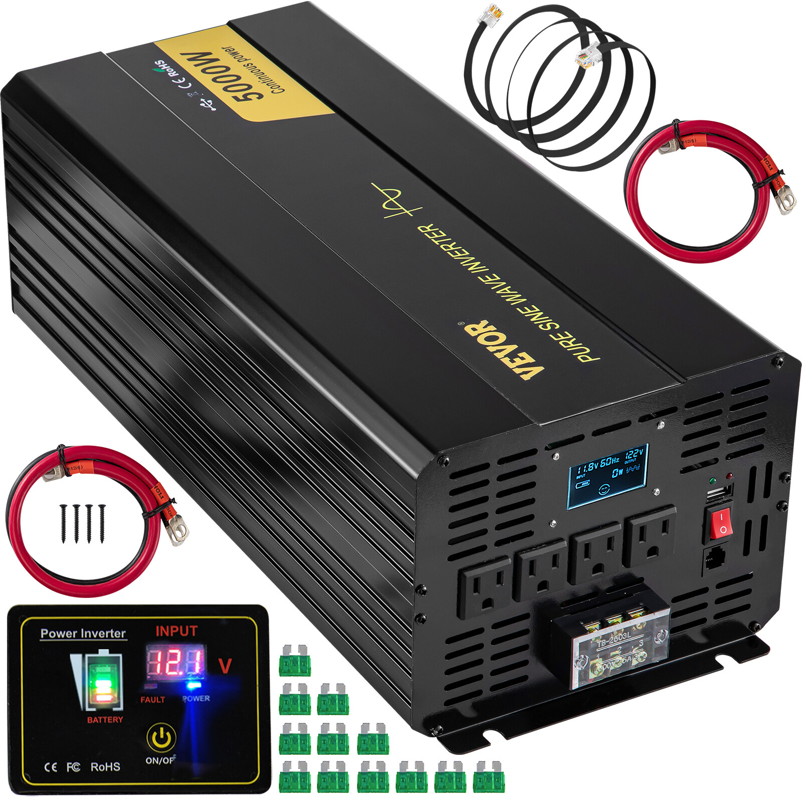 VEVOR Pure Sine Wave Inverter Power Inverter 5000W DC12V to AC120V Inverter LCD