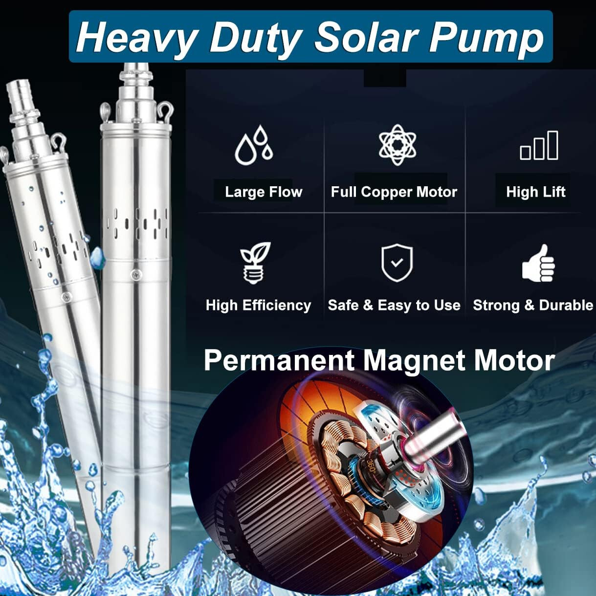 3” 24V Solar Deep Well Pump Water Pump 1200L/H Stainless Steel Submersible