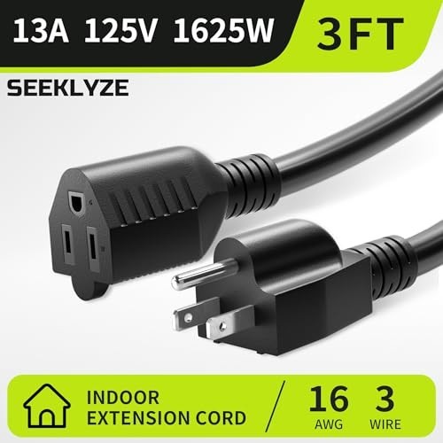 3FT 2Pack 13A 125V 1625W ETL Listed, 16/3 Indoor Extension Cord Black, Short …