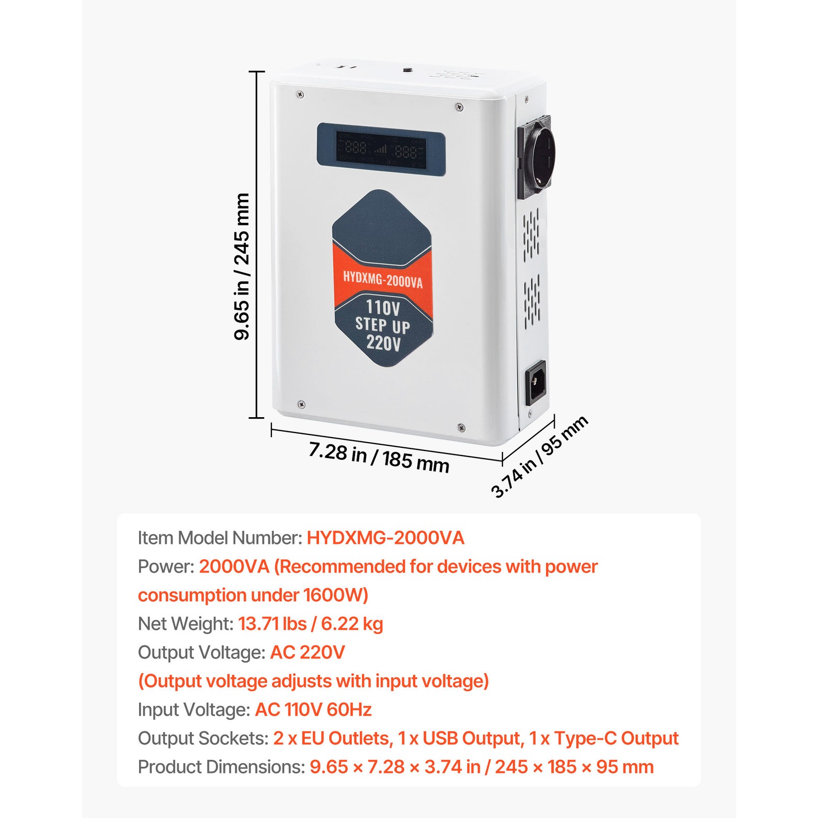 Uimoso Step-Up Voltage Converter 2000VA Transformer for 110V to 220V Power
