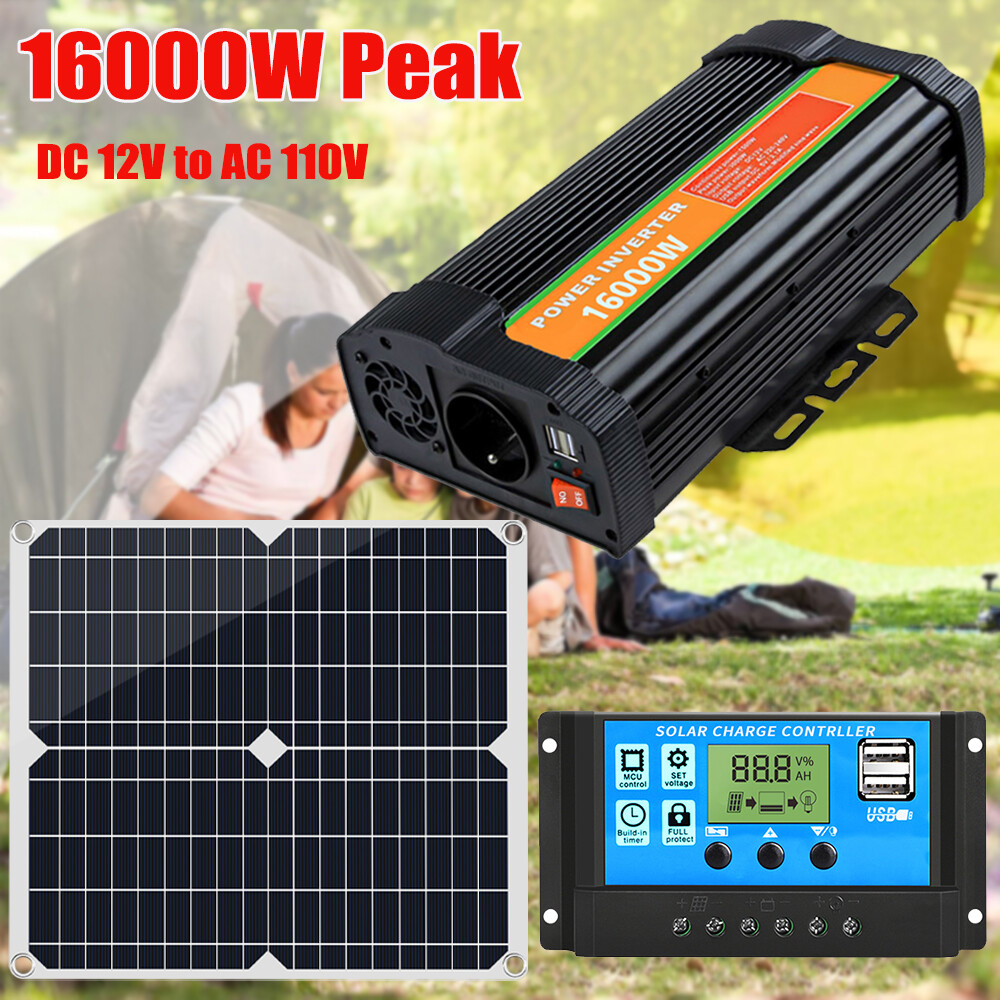 16000W Car Power Inverter DC12V to AC 110V 200W Solar Panel Kit 100A Controller