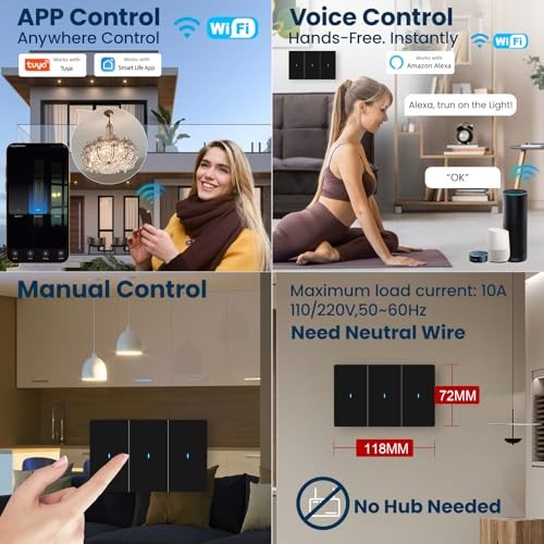 Smart Light Switch Need Neutral Wire,FCC Single Gang 3 Button Black