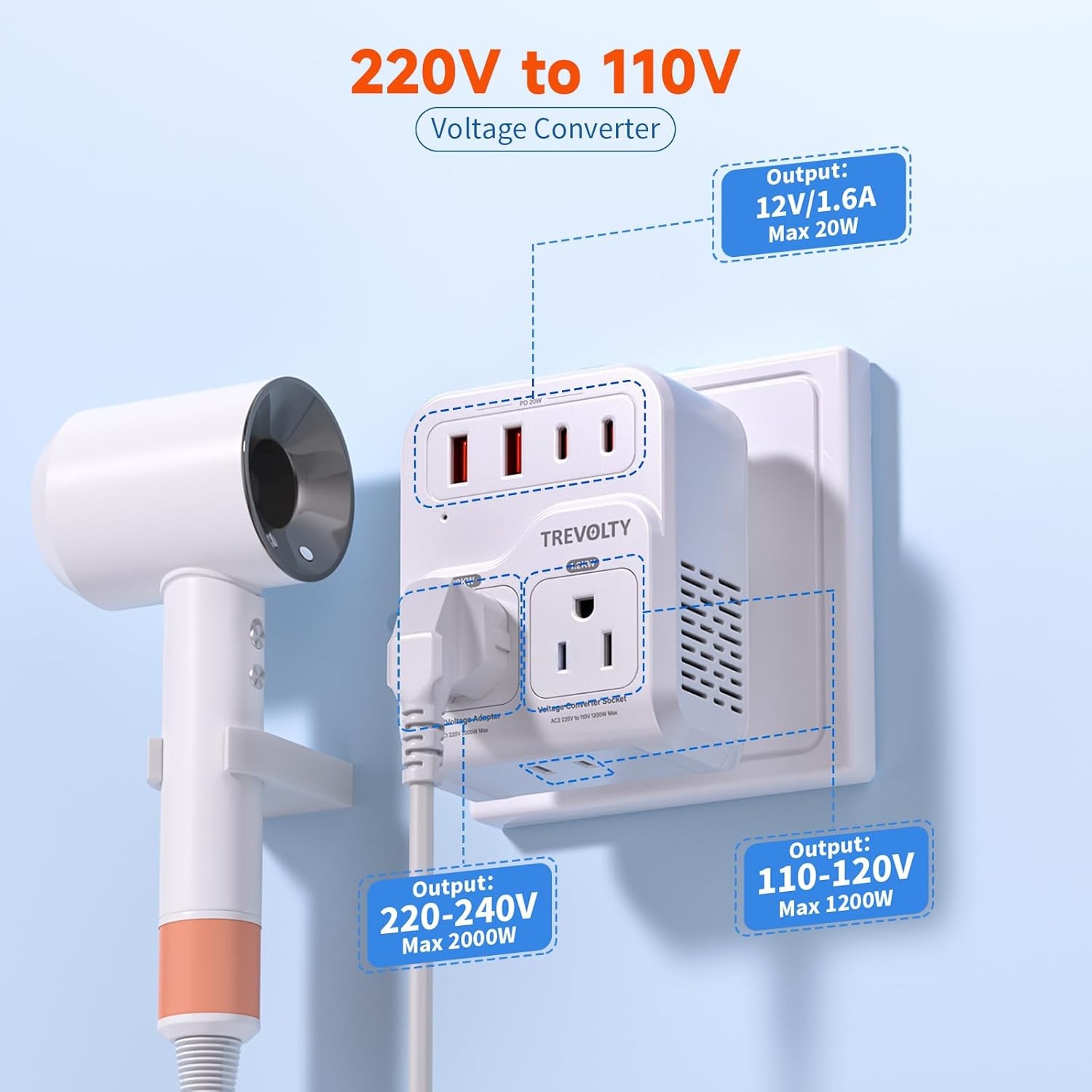 2000W Step Down Converter, 220V to 110V Voltage Converter with 3AC and 4USB