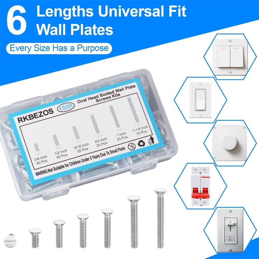 150 Pcs White Wall Plate Screws Assortment Kit, 6 Sizes 632 Thread Long Outle…