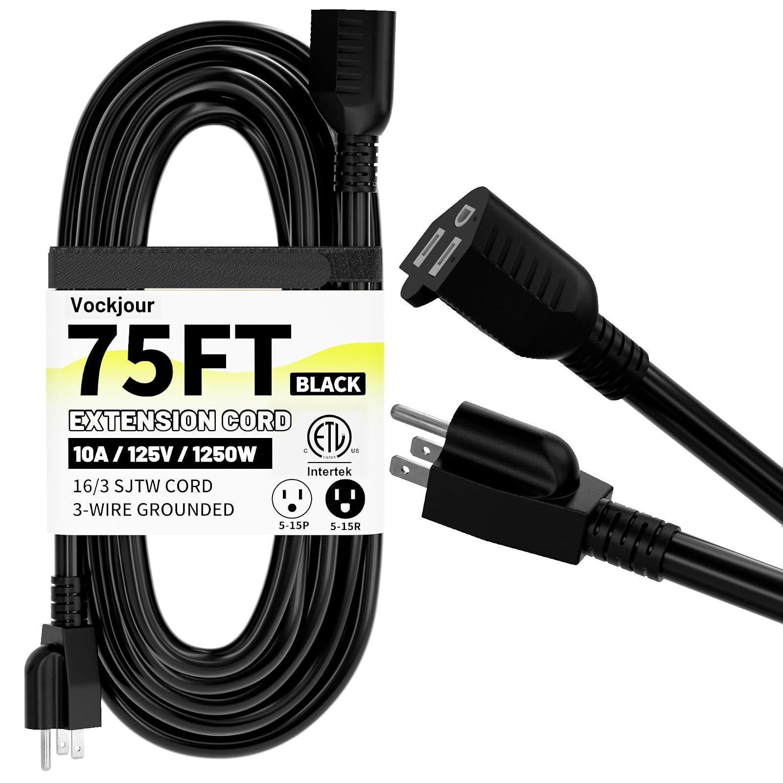 Vockjour 10 Ft Waterproof Extension Cord 16/3 Heavy Duty Black