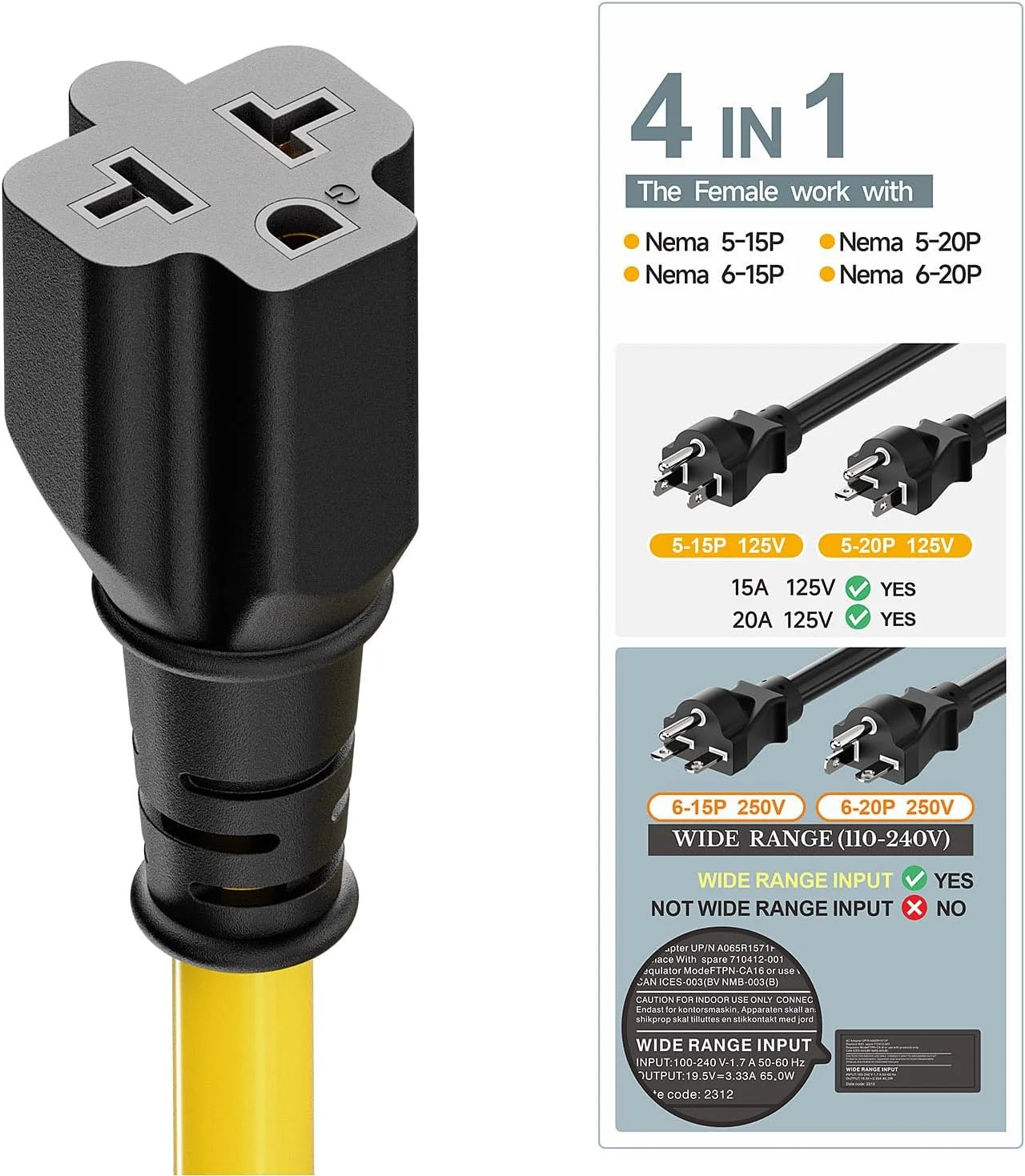 [4-in-1] 12AWG 15 Amp Household AC Plug to 20 Amp T Blade Adapter Cable, NEMA 5-