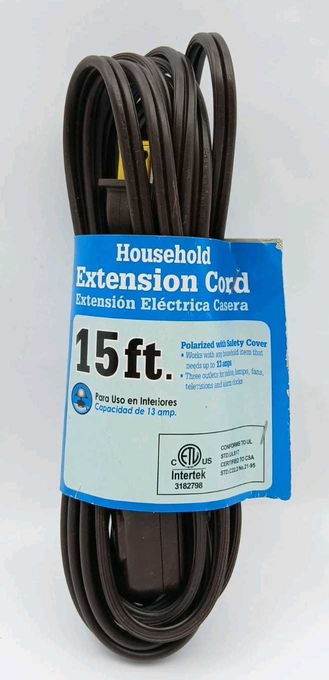 Intertek Walmart 15FT 16AWG 2 Prong Brown Indoor Extension Cord 13amp 125 Volts