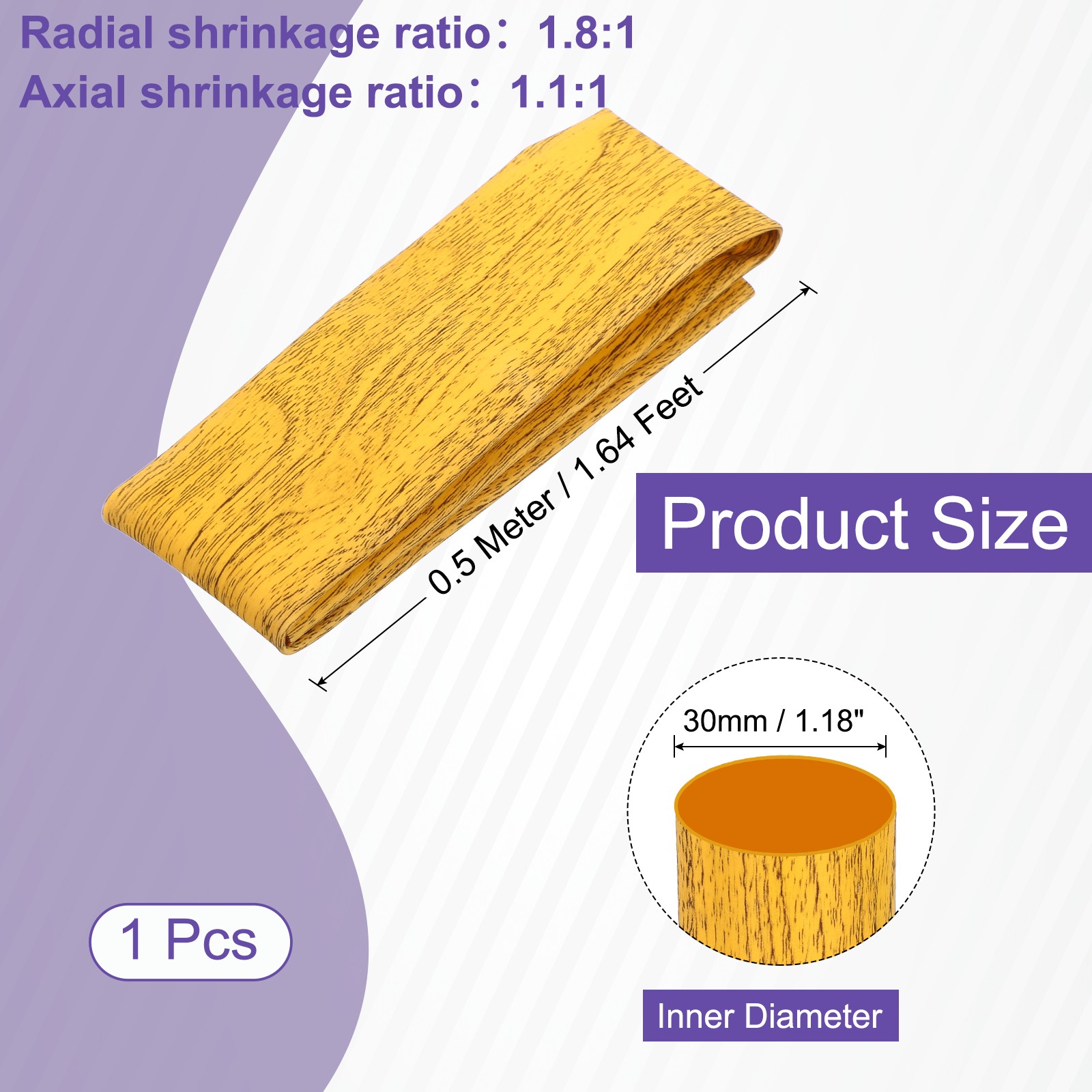 1.6ft 1.2″/30mm Dia Fishing Rod Heat Shrink Tube 1.8:1, Yellow Wooden Grain