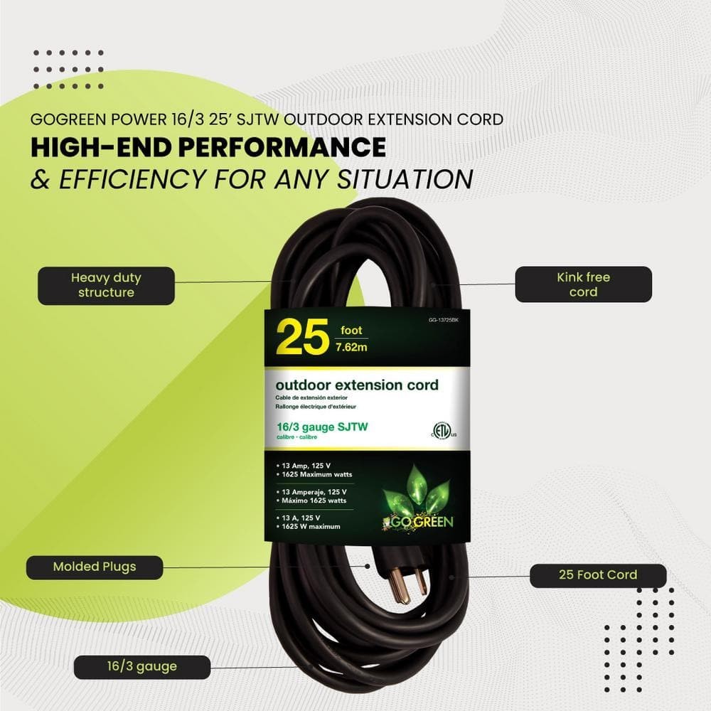 25 Ft Heavy Duty Extension Cord 16 Gauge 16/3 Outdoor Power Cord Black