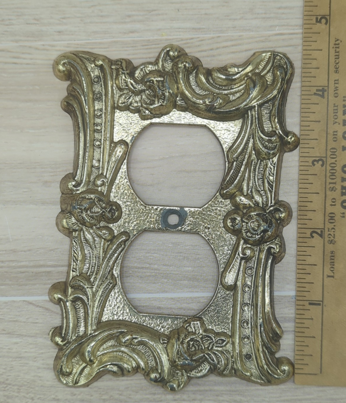 Metal Gold Tone Double Outlet Plate Floral, Hollywood Regency, MCM
