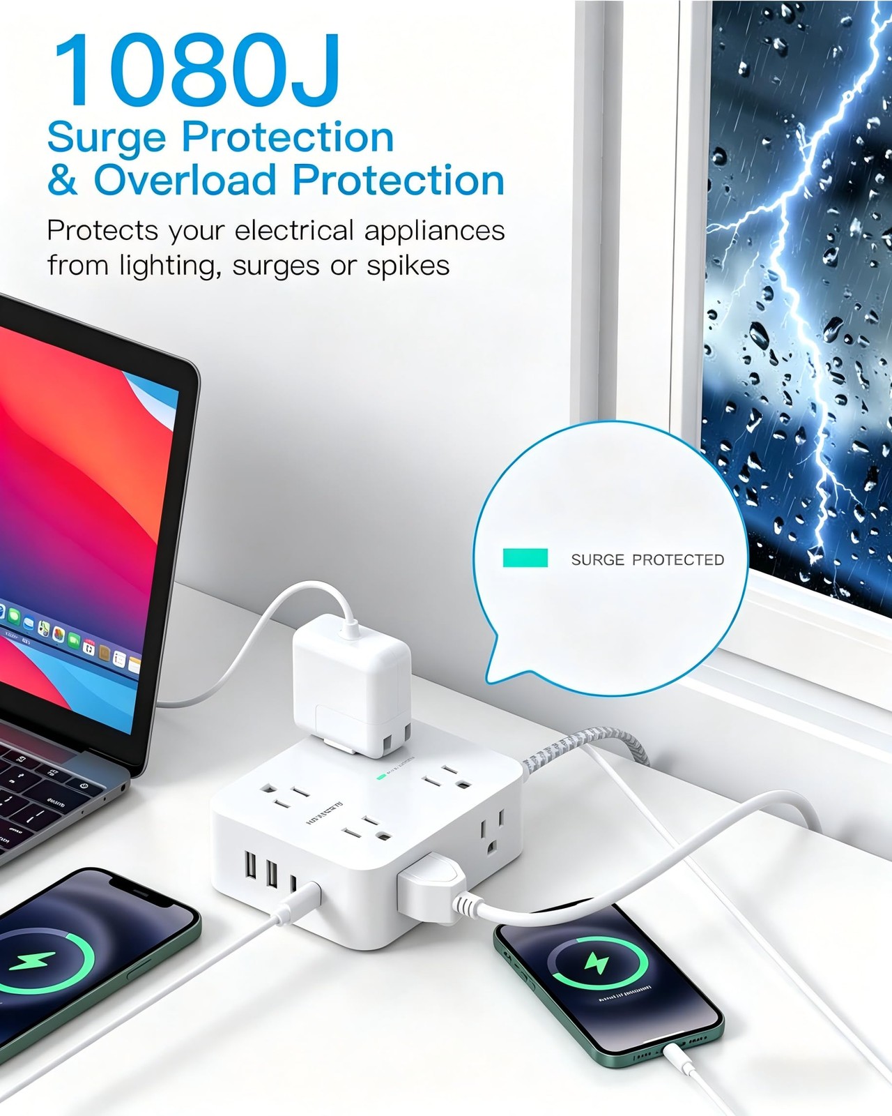 10 FT Braided Extension Cord Flat Plug 8 Outlets 4 USB Ports 1080J Surge