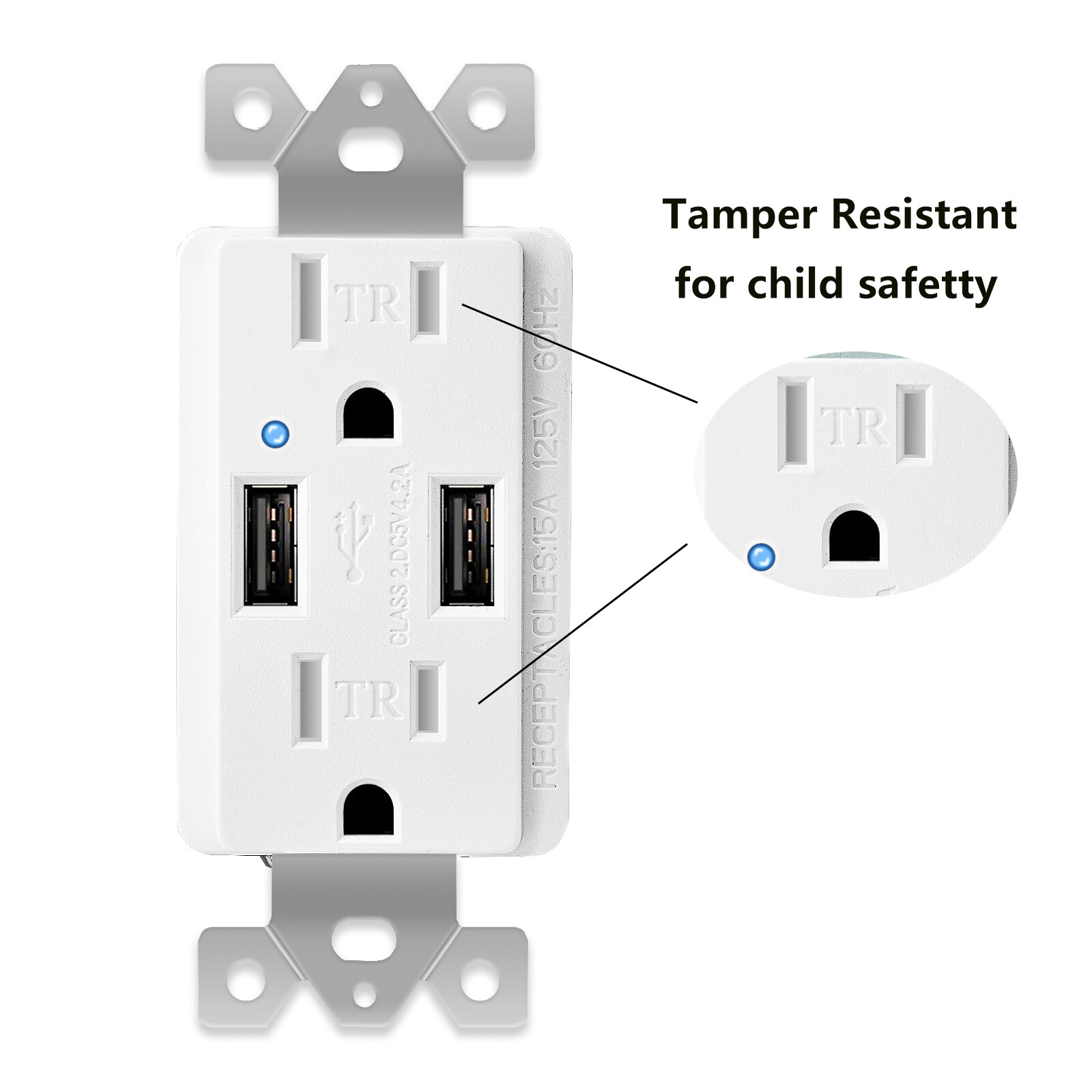Electric Dual USB Outlet Wall Tamper-Resistant 15A AC Power Socket /wall plate
