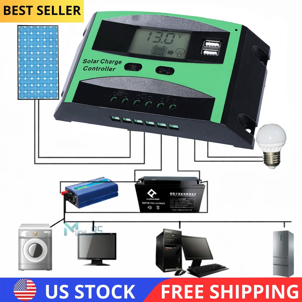 30A Solar Panel Battery Charge Controller 12V/24V LCD Regulator Auto Dual USB US