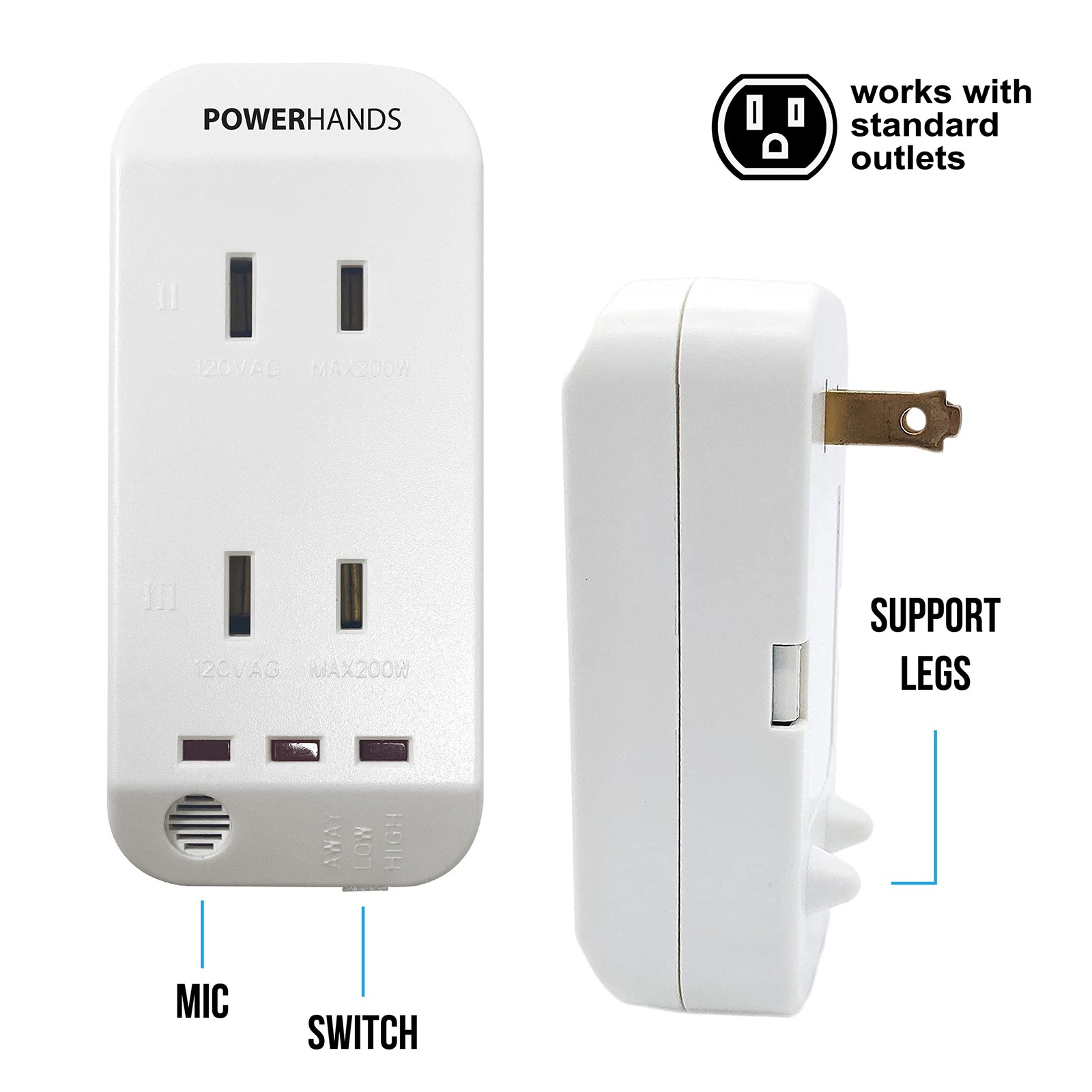 White Electronic Clap Switch 2 Outlet Power Hands Device Control 120V 200W