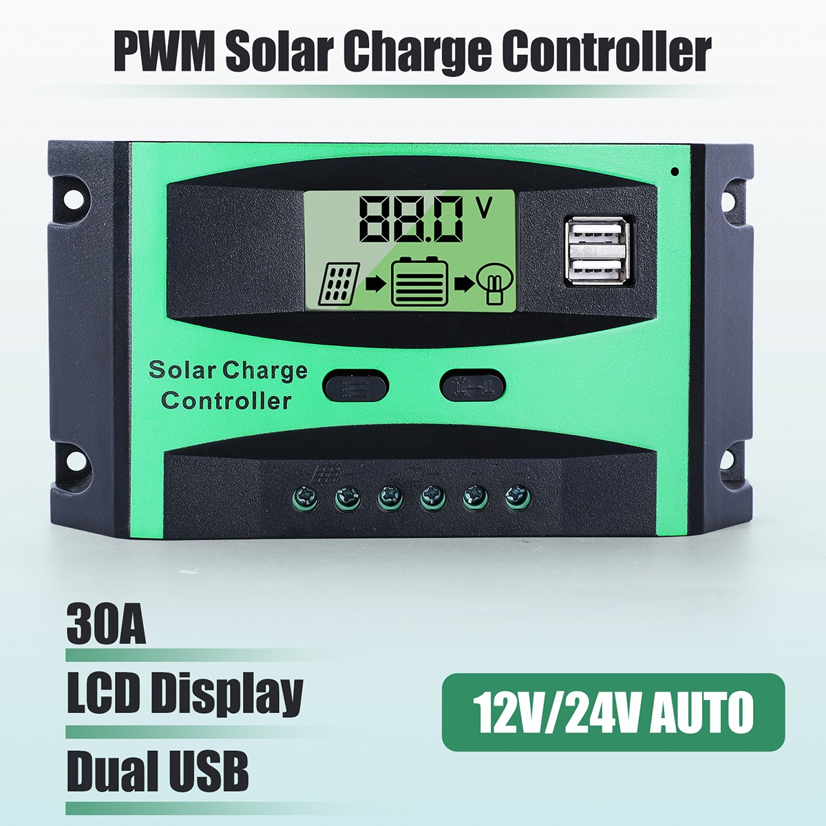 30A Solar Panel Battery Charge Controller 12V/24V LCD Regulator Auto Dual USB US