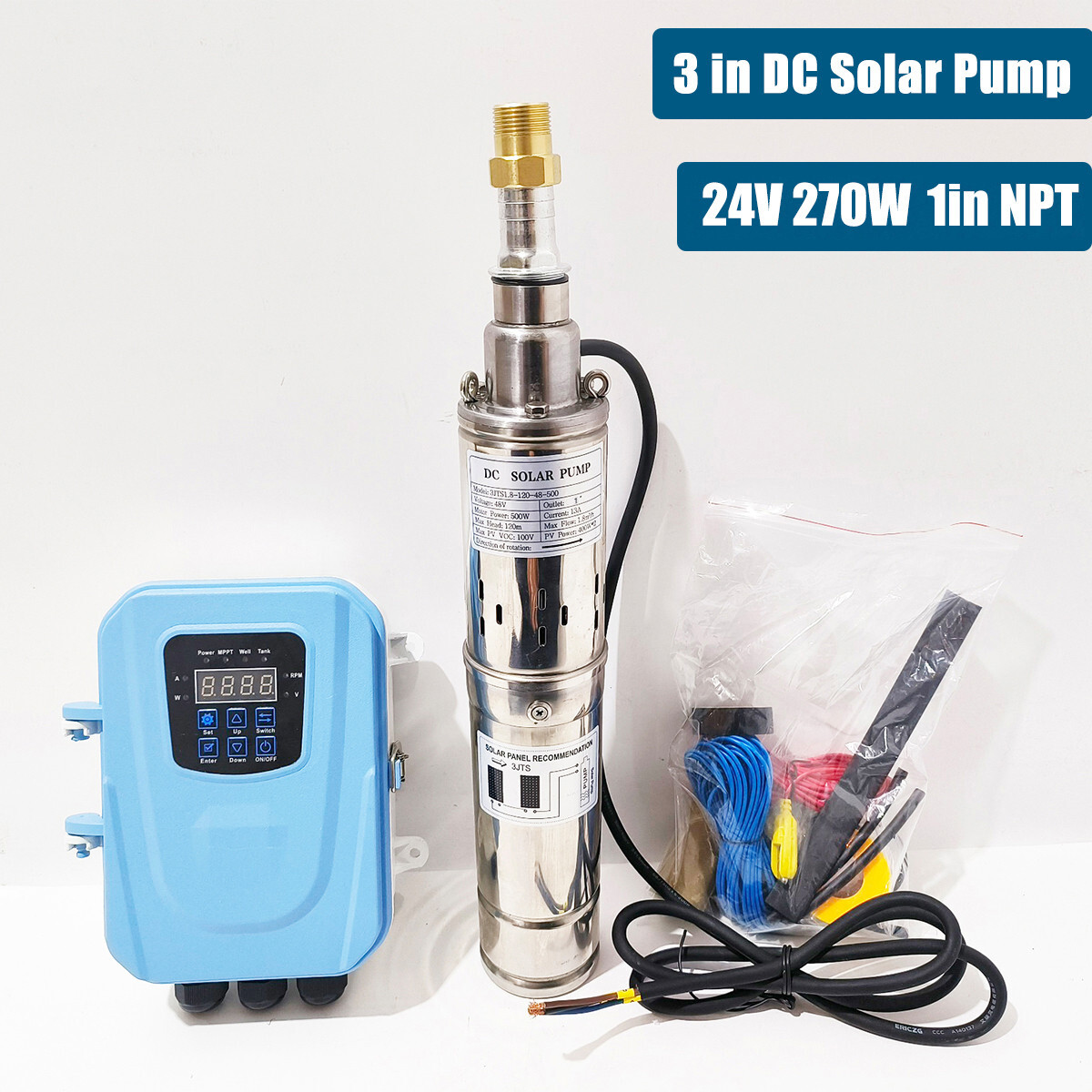 270W 3″ Solar Pump Submersible Pump Bore DC 24V Deep Well Pump + MPPT Controller
