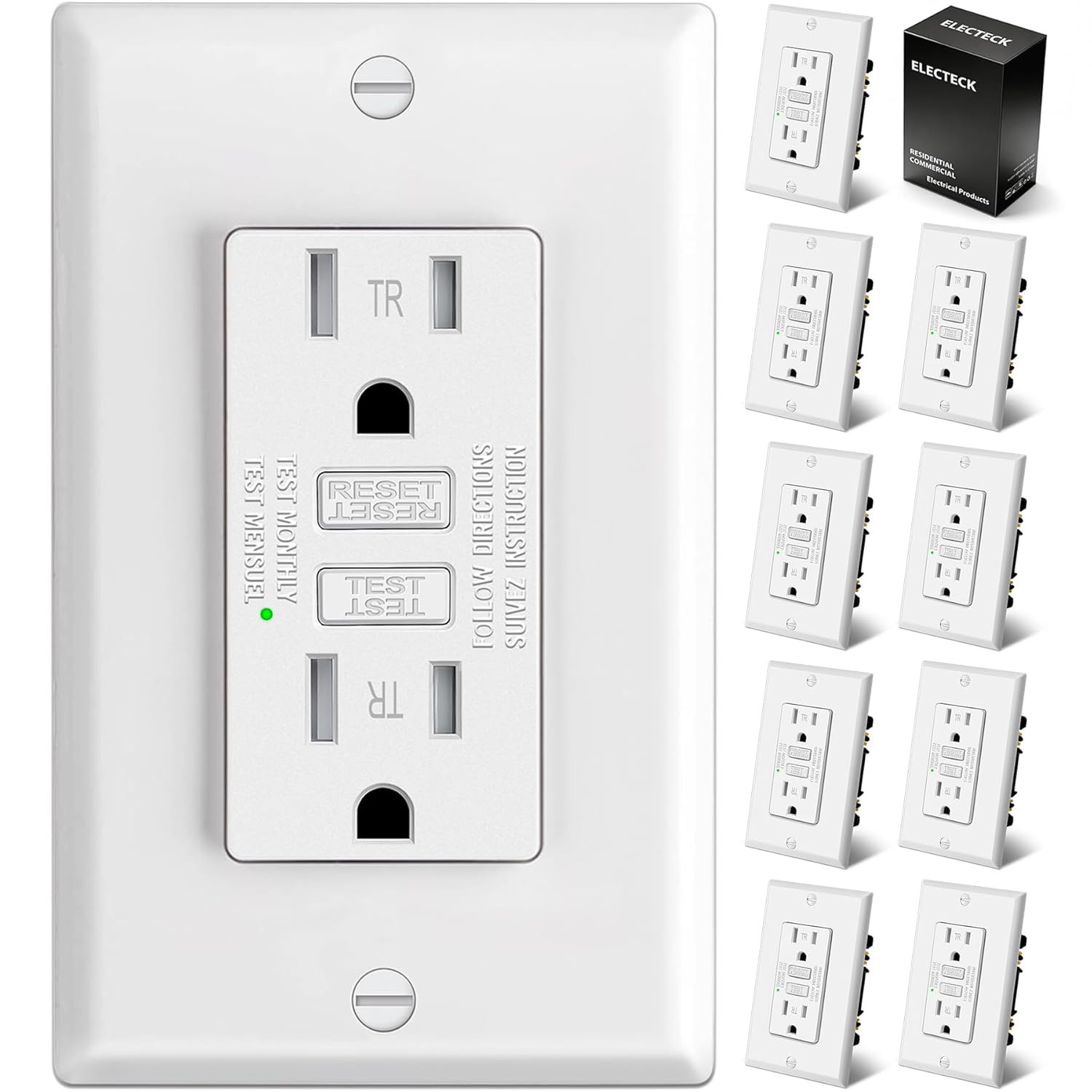10 Pack GFCI Outlets 15 Amp, Tamper Resistant (TR), Ultra Slim GFI Receptacles w