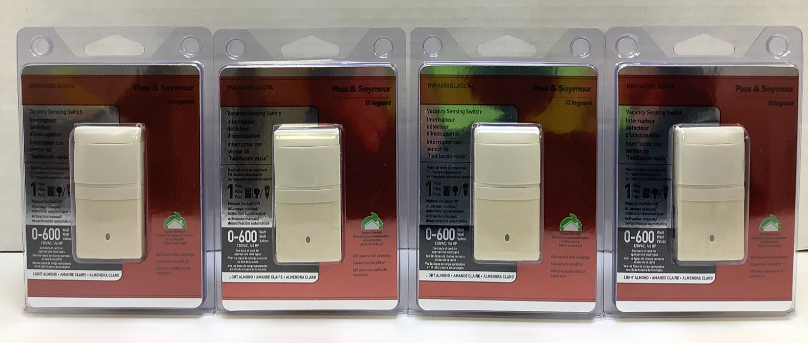 Legrand Vacancy Sensing Switch, 1 pole, 600 Watt 120VAC 1/6HP, Light Almond, 4pk