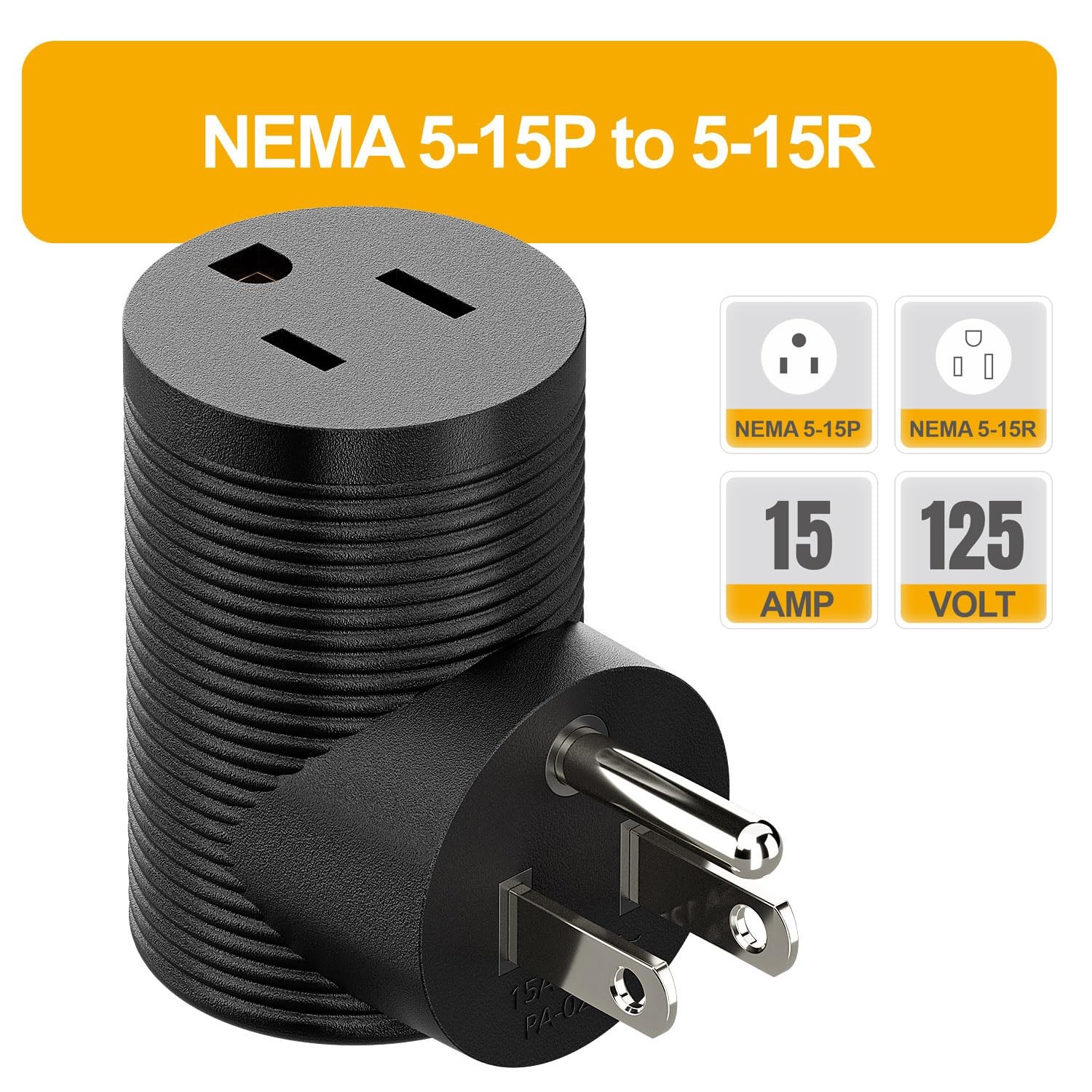 Plugrand Nema 5-15R To 5-15P Right Angle Power Adaptor Right Angled Usa 3-Prong